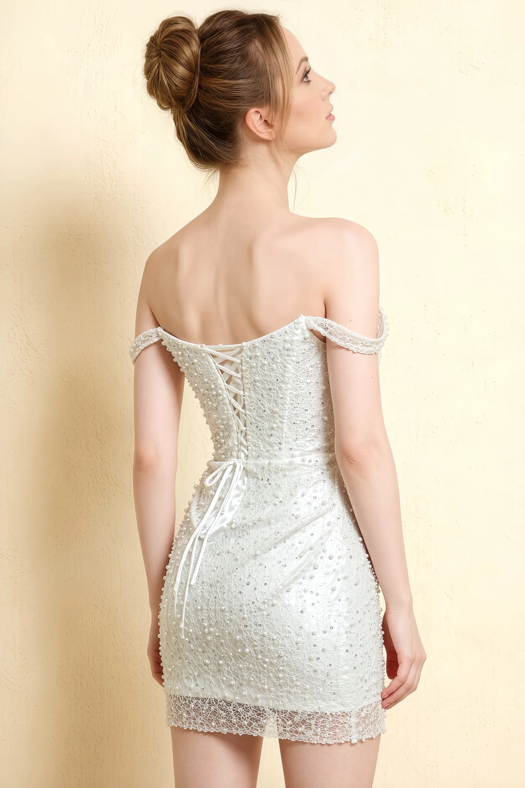 Anna White Lace Sweetheart Neck Beaded Mini Dress