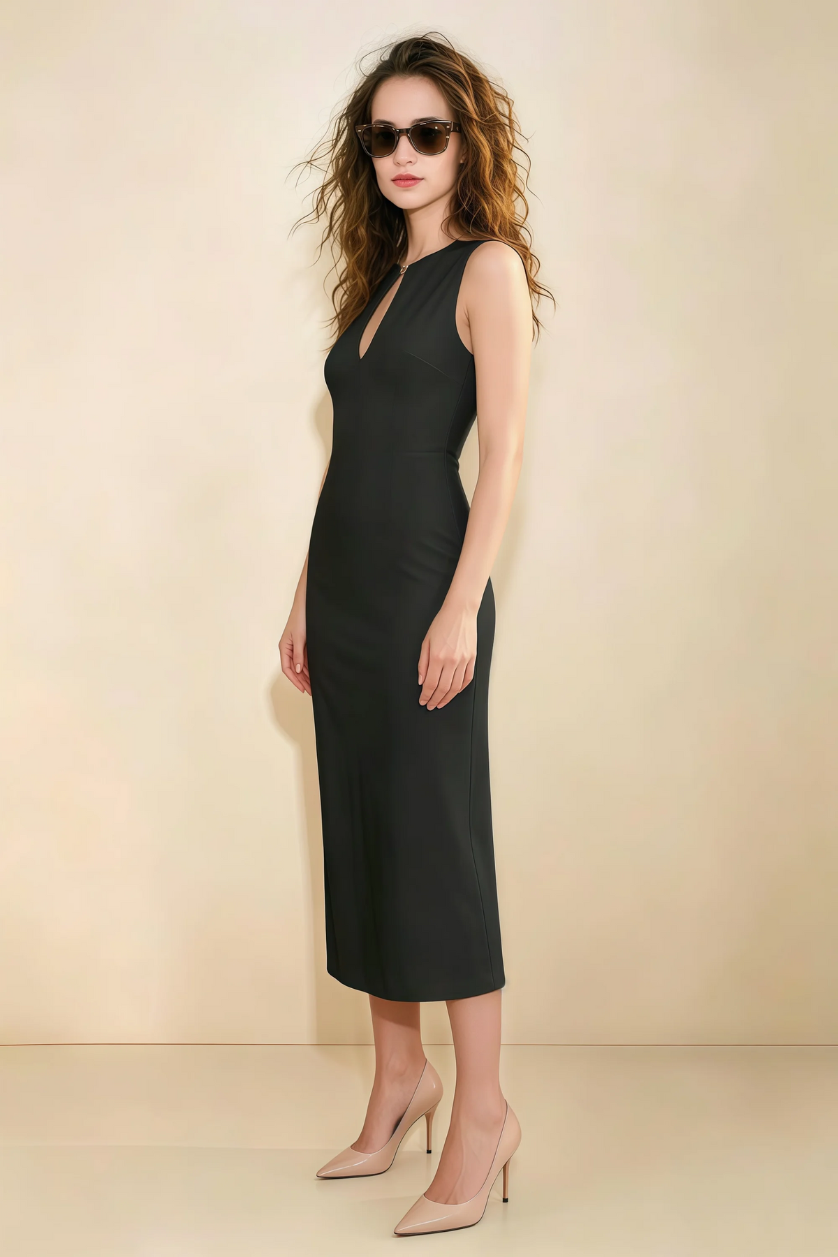 Annabel Black Keyhole Neck Sleeveless Bodycon Midi Dress