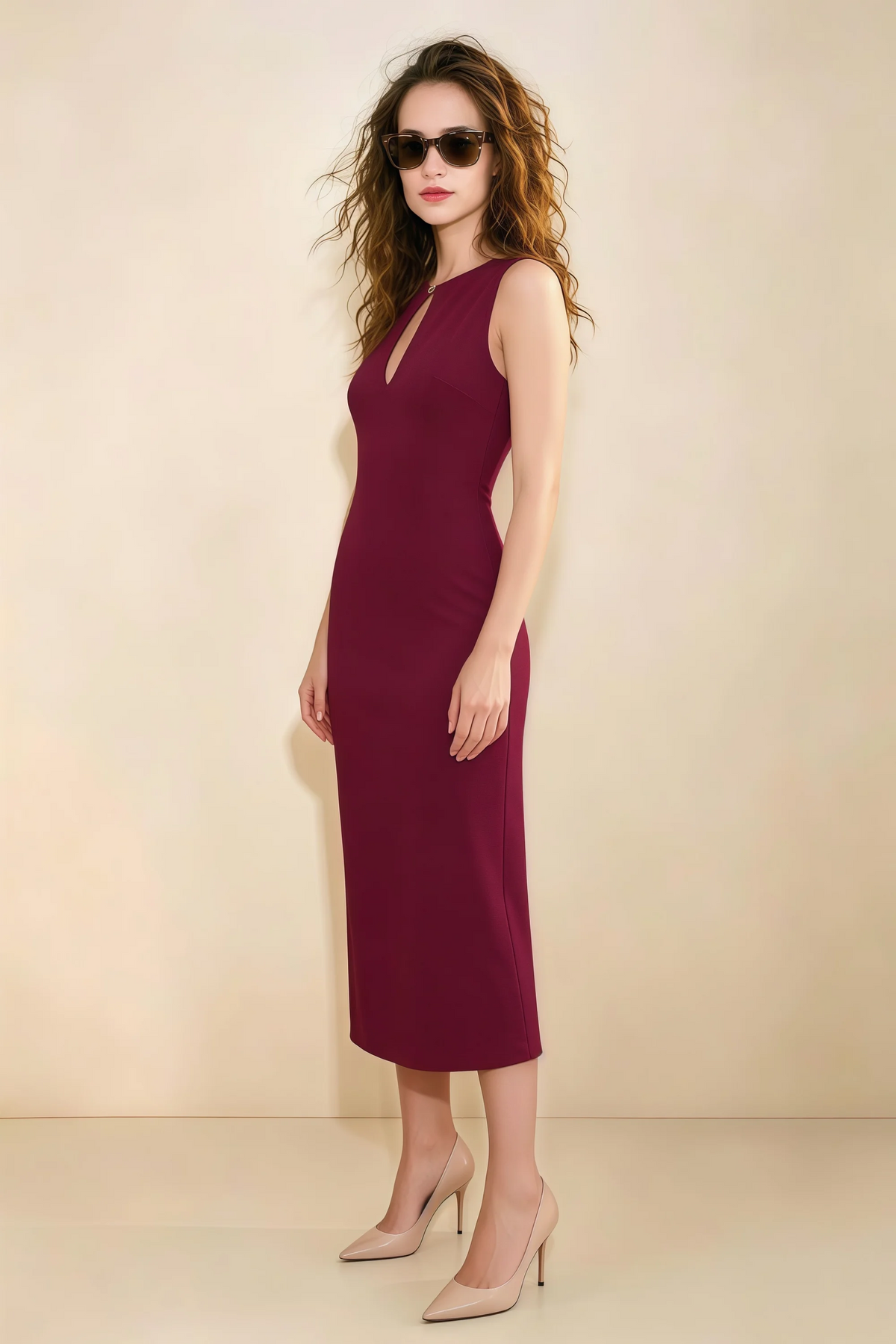 Annabel Burgundy Keyhole Neck Sleeveless Bodycon Midi Dress