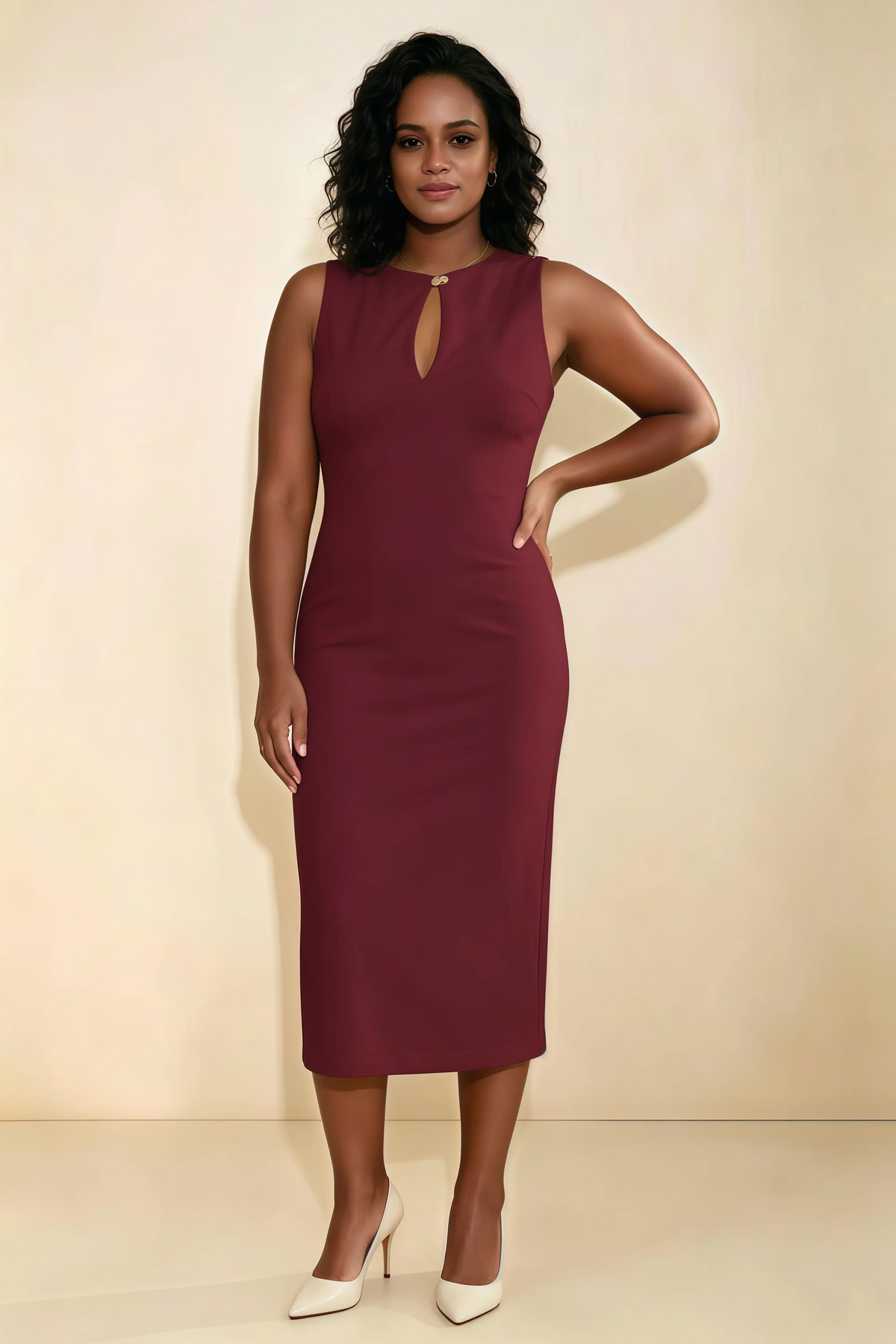 Annabel Burgundy Keyhole Neck Sleeveless Bodycon Midi Dress