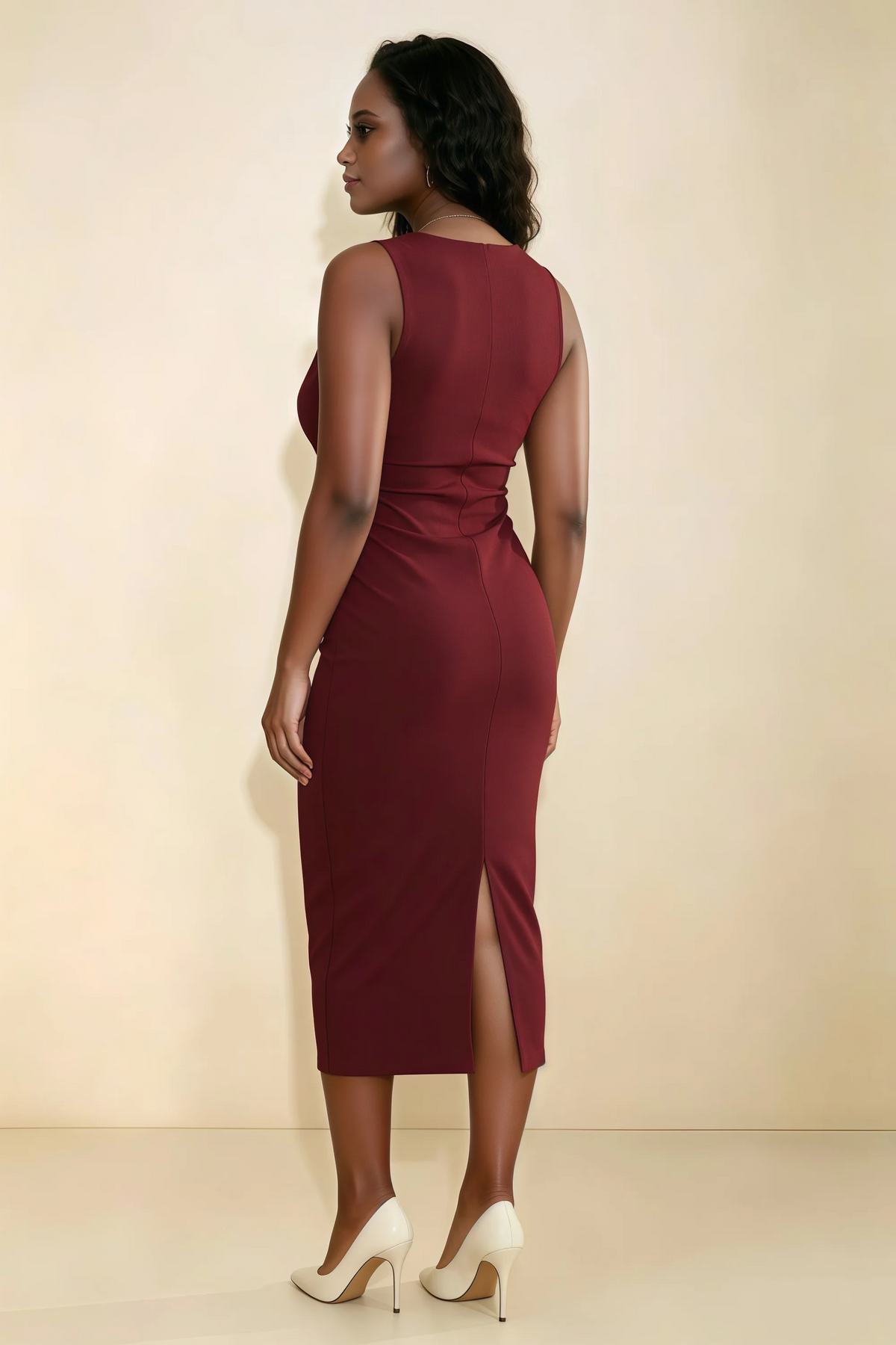 Annabel Burgundy Keyhole Neck Sleeveless Bodycon Midi Dress