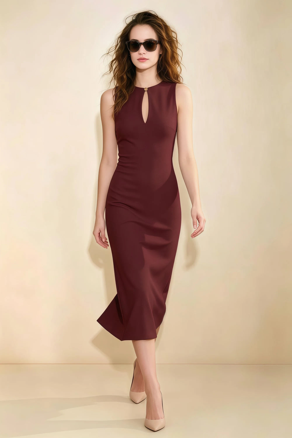 Translation missing: en.Front view of the LVLVS Annabel cabernet midi dress with a keyhole neckline, sleeveless bodice and fitted silhouette. content.product_image_main