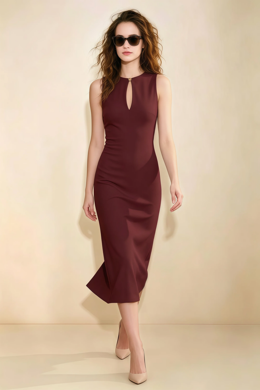 Annabel Cabernet Keyhole Neck Sleeveless Bodycon Midi Dress