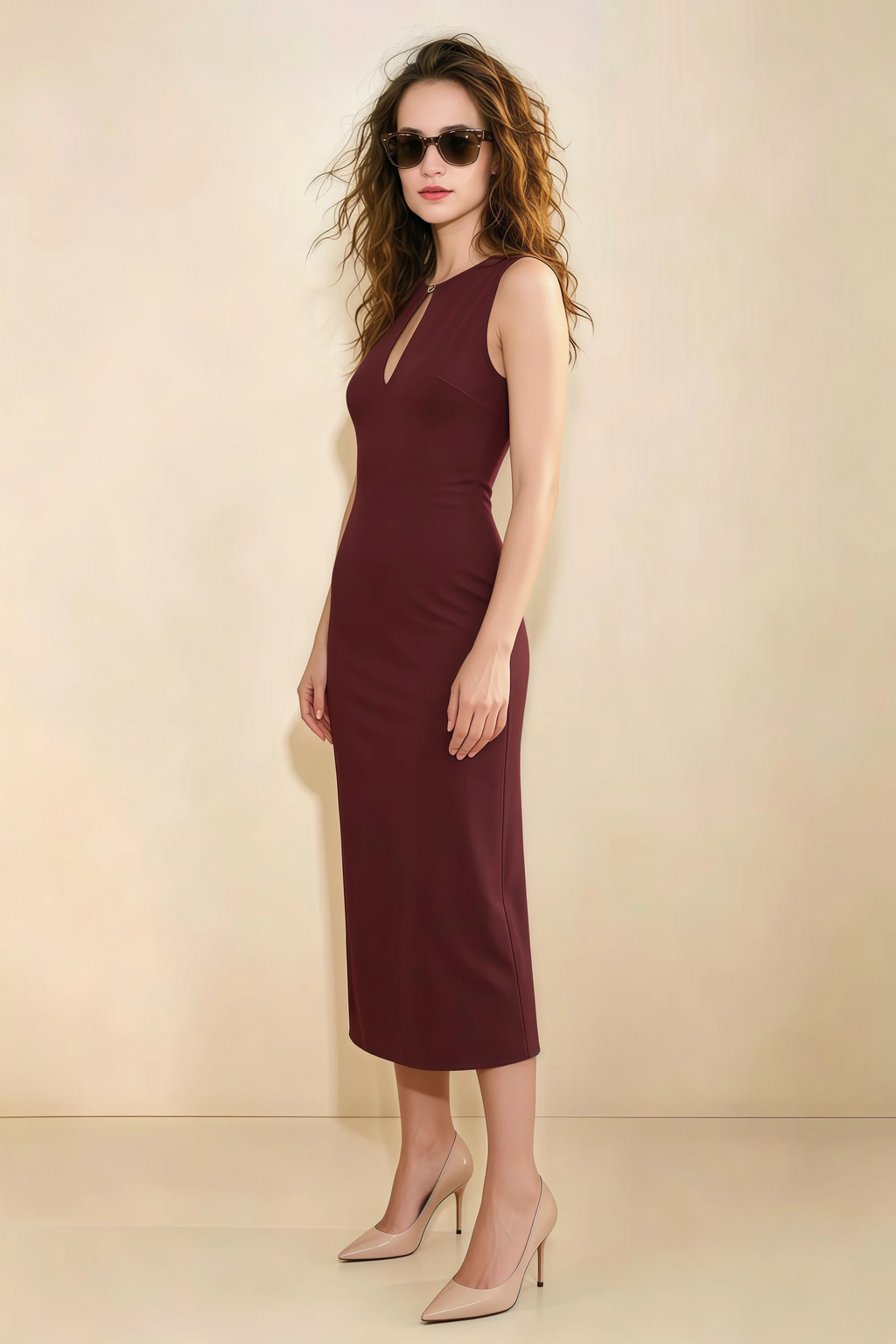 Annabel Cabernet Keyhole Neck Sleeveless Bodycon Midi Dress