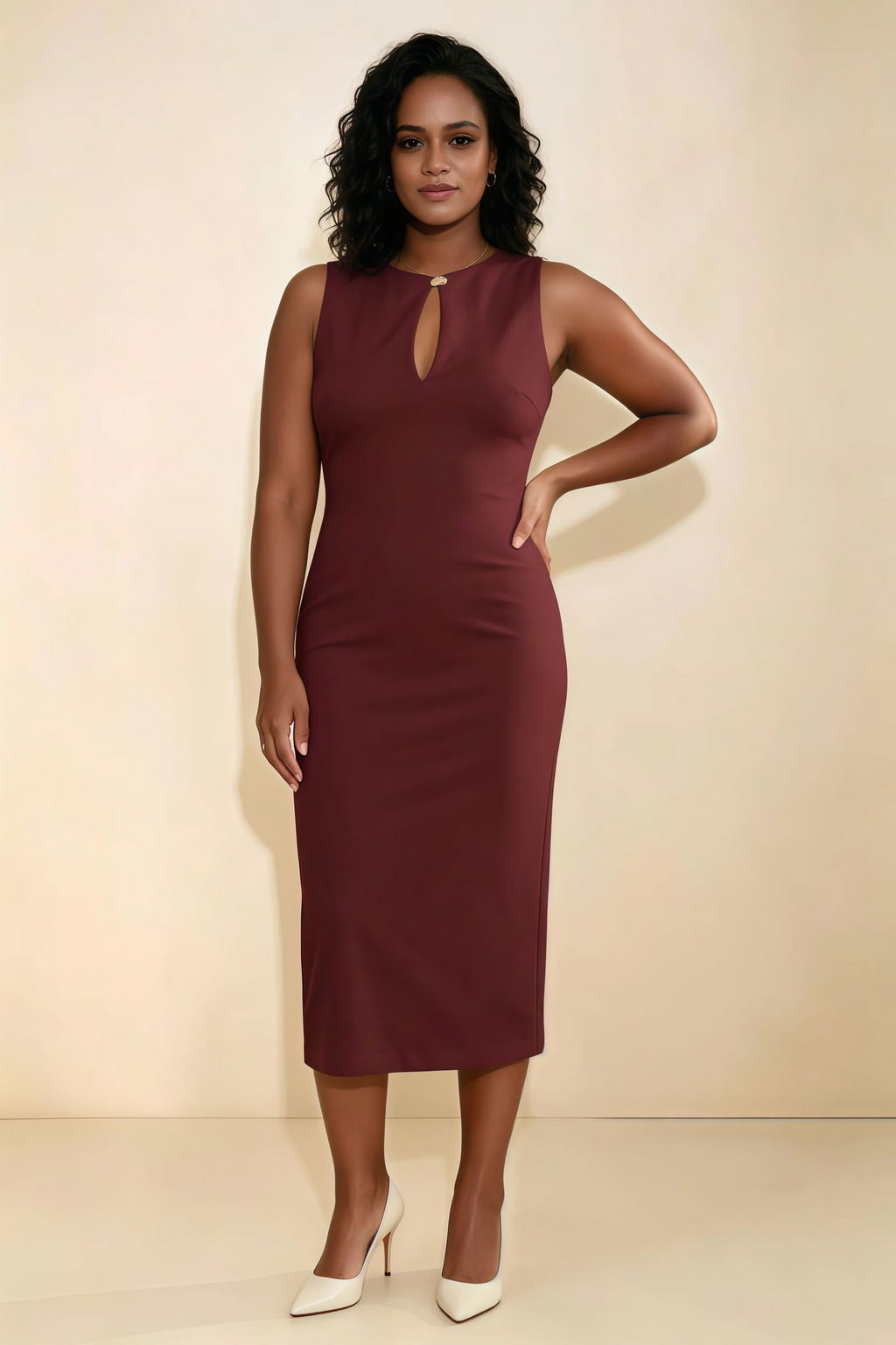 Annabel Cabernet Keyhole Neck Sleeveless Bodycon Midi Dress