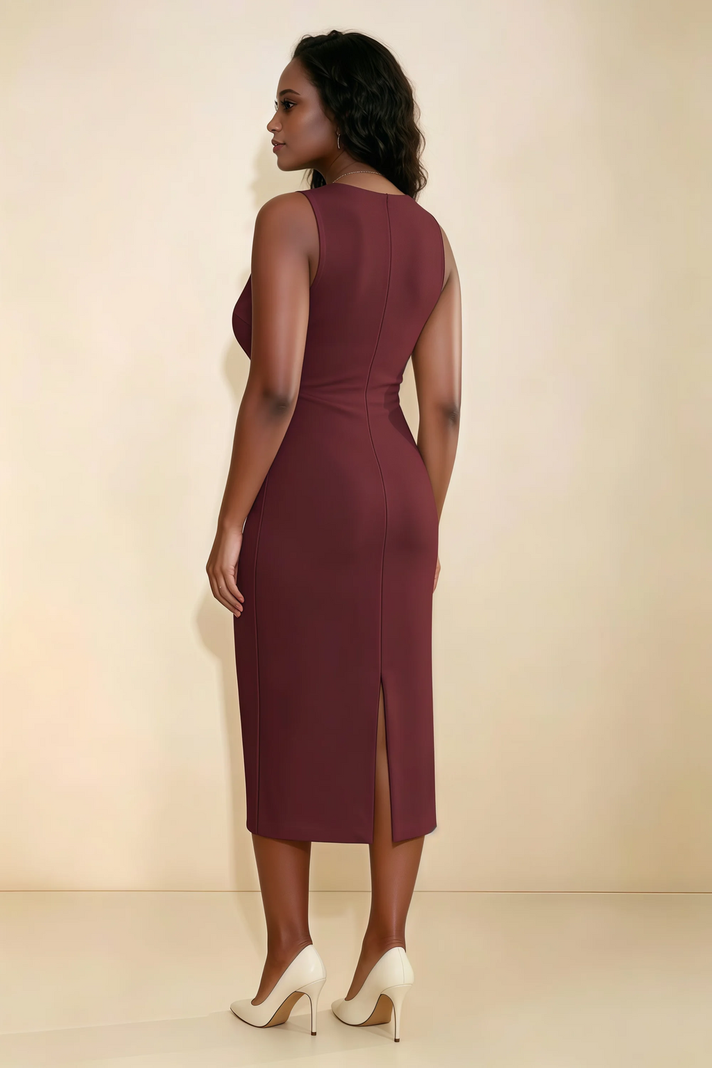 Annabel Cabernet Keyhole Neck Sleeveless Bodycon Midi Dress