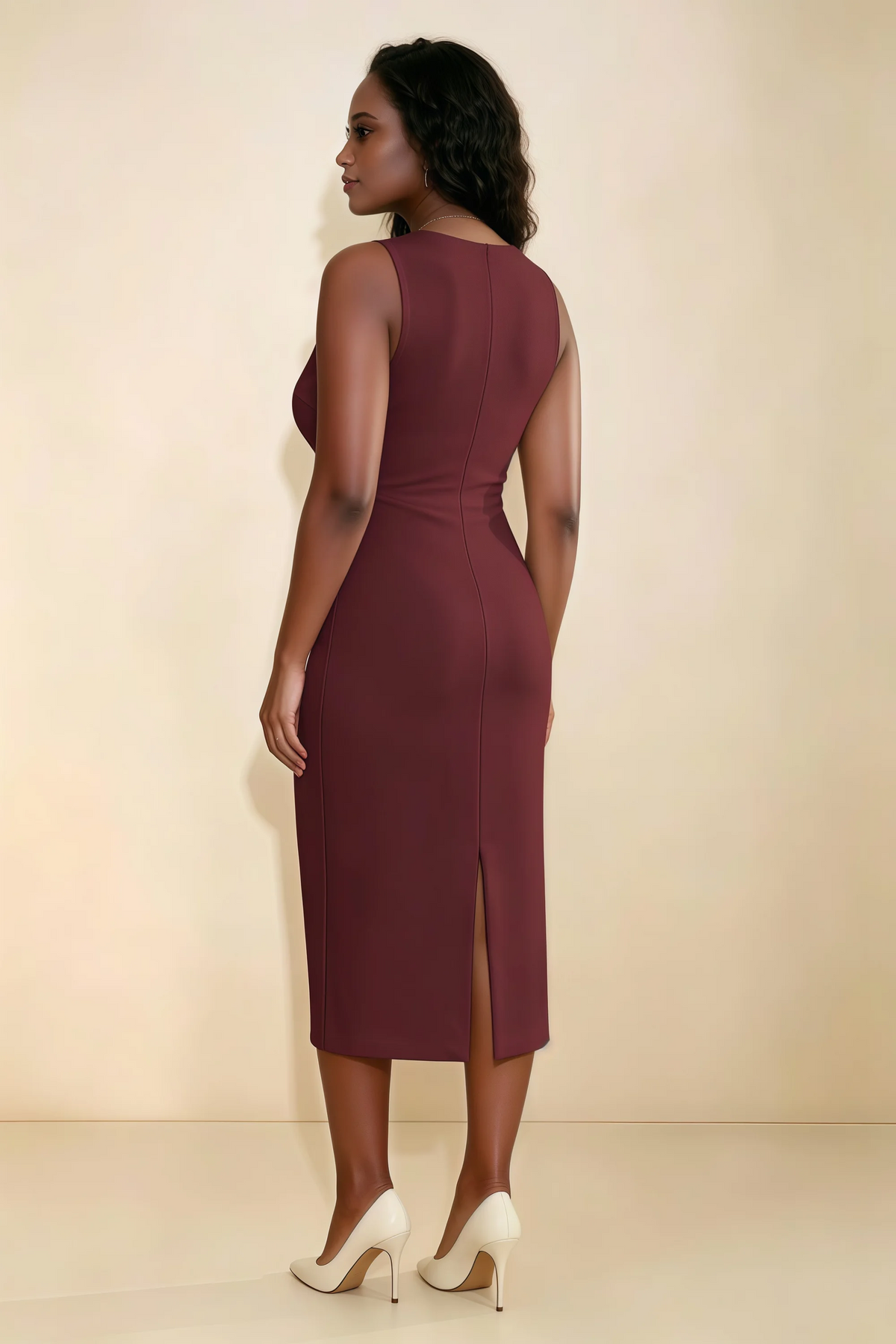 Annabel Cabernet Keyhole Neck Sleeveless Bodycon Midi Dress