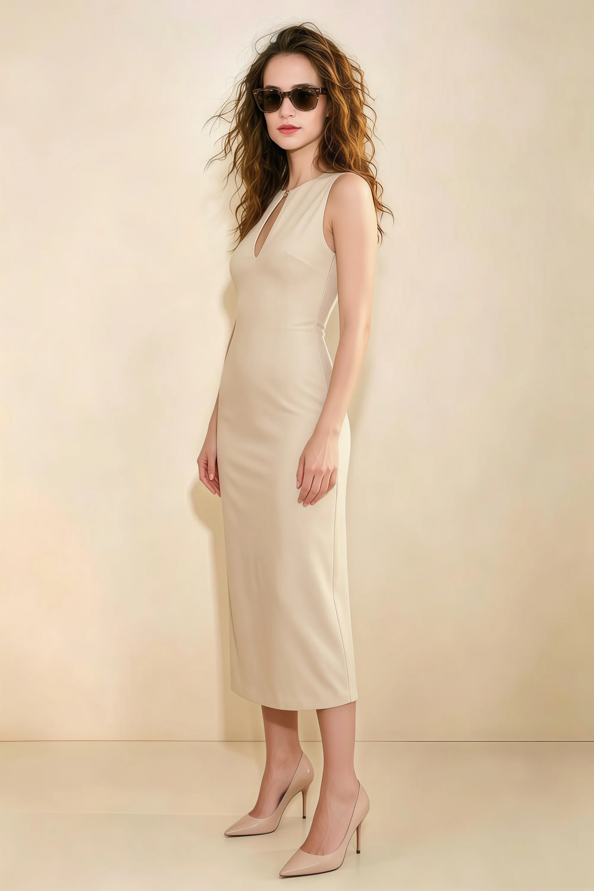 Annabel Champagne Keyhole Neck Sleeveless Bodycon Midi Dress