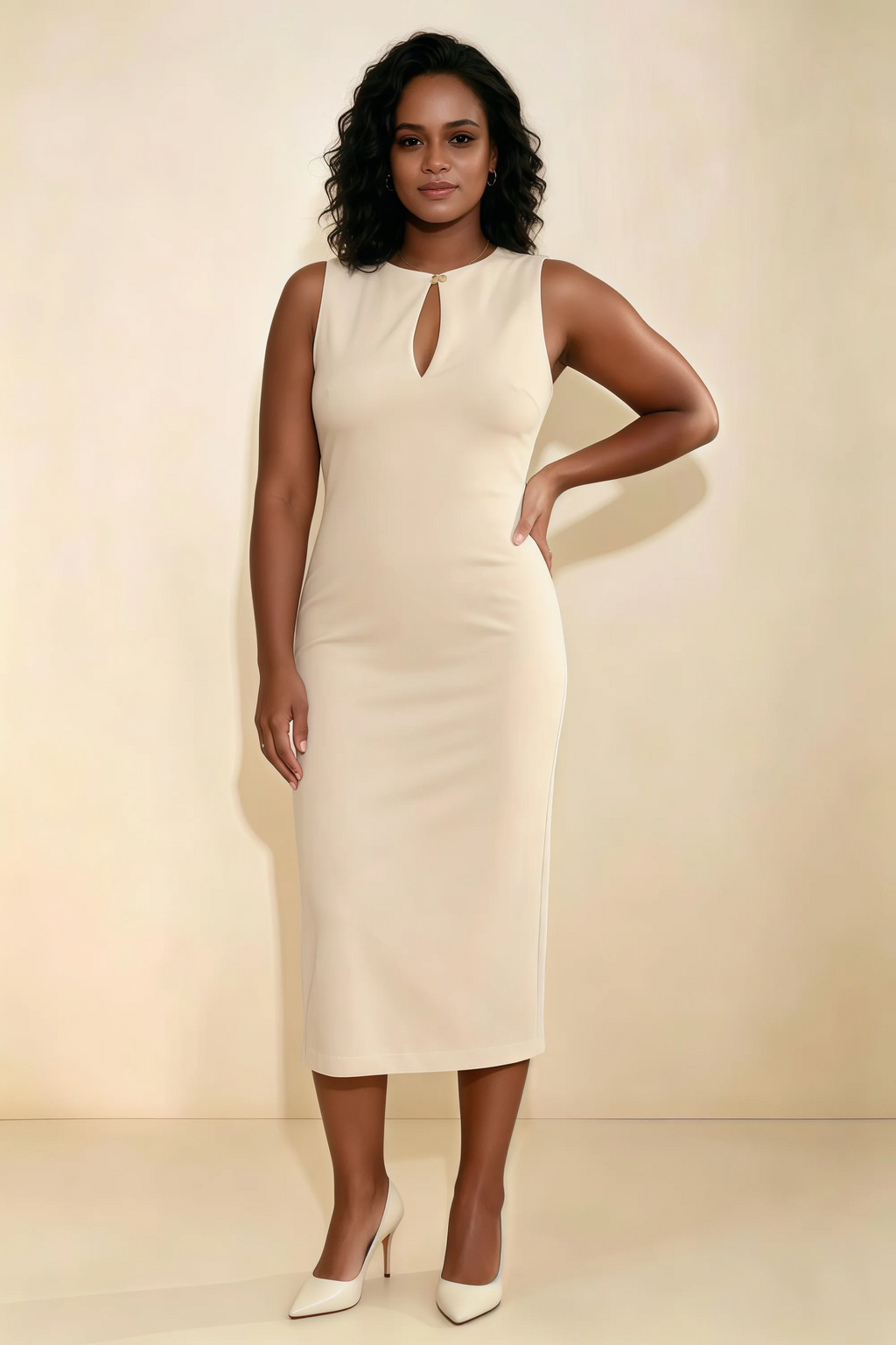 Annabel Champagne Keyhole Neck Sleeveless Bodycon Midi Dress