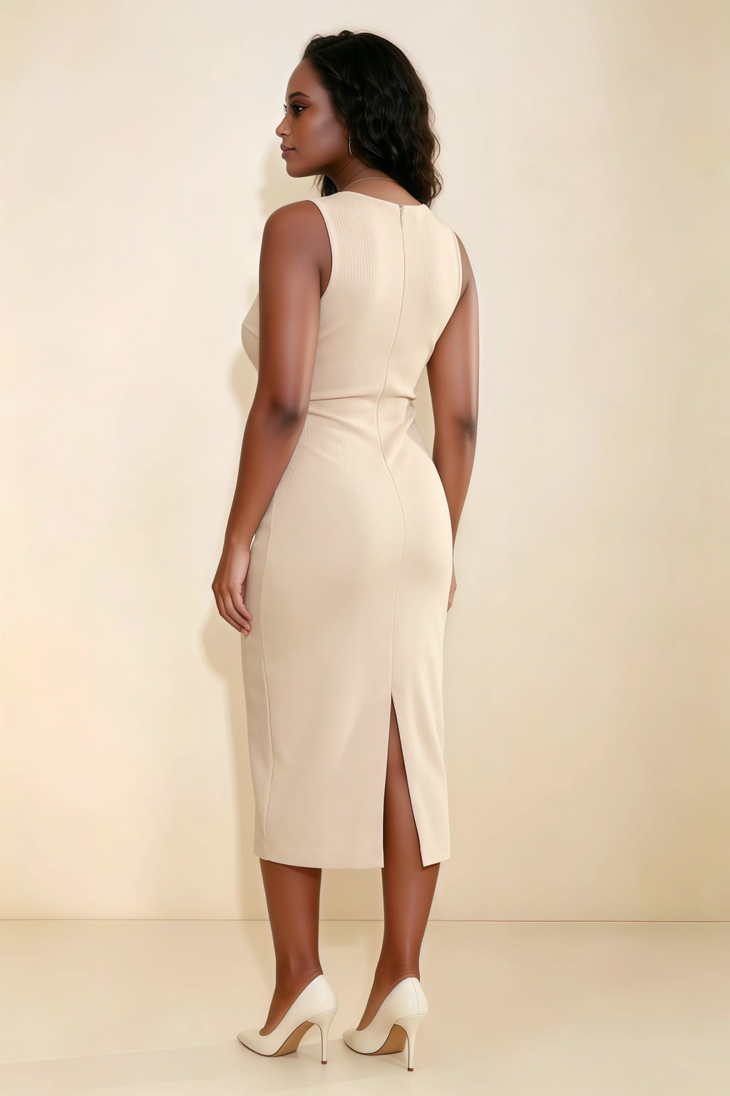 Annabel Champagne Keyhole Neck Sleeveless Bodycon Midi Dress