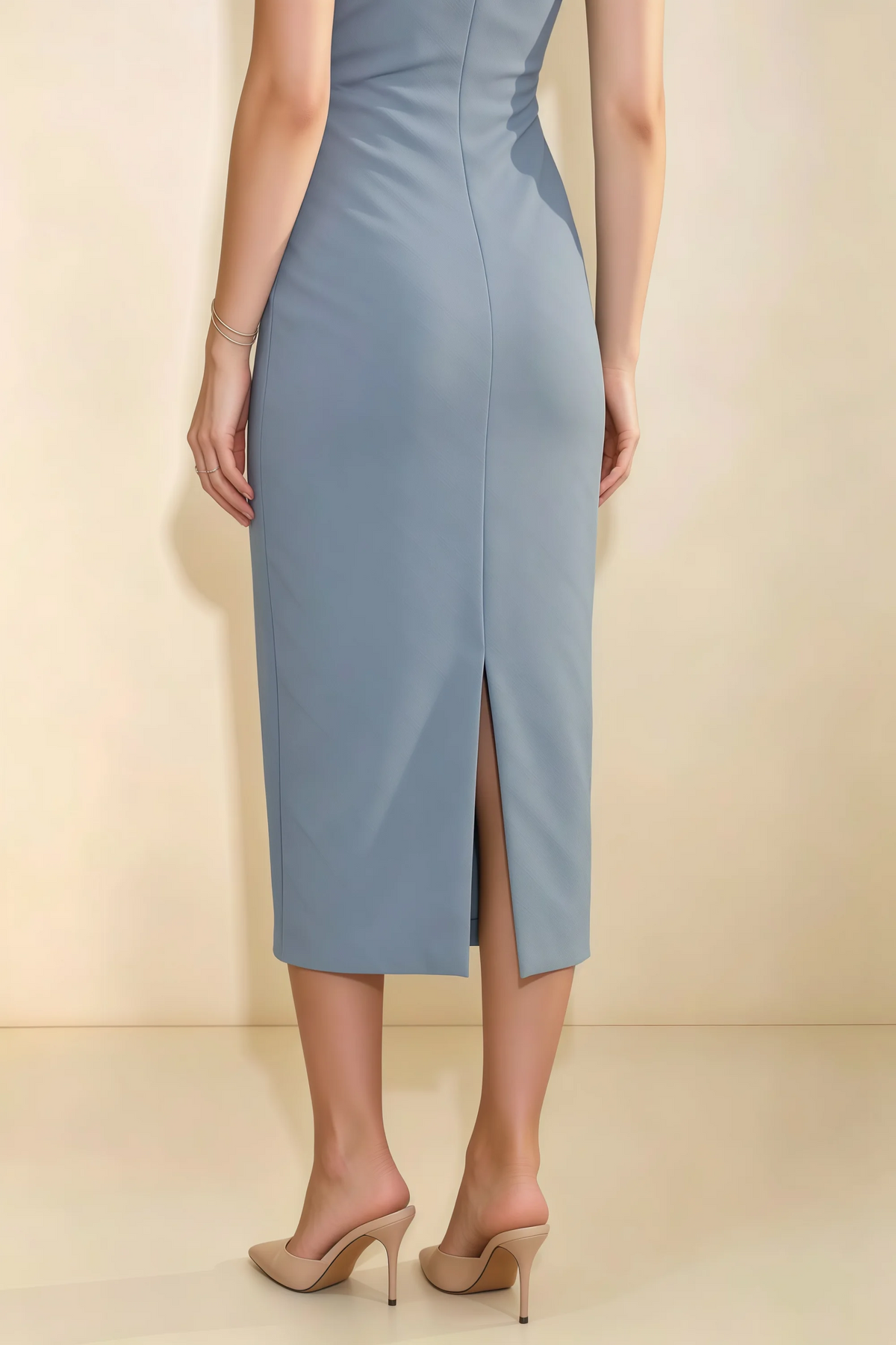 Annabel Dusty Blue Keyhole Neck Sleeveless Bodycon Midi Dress