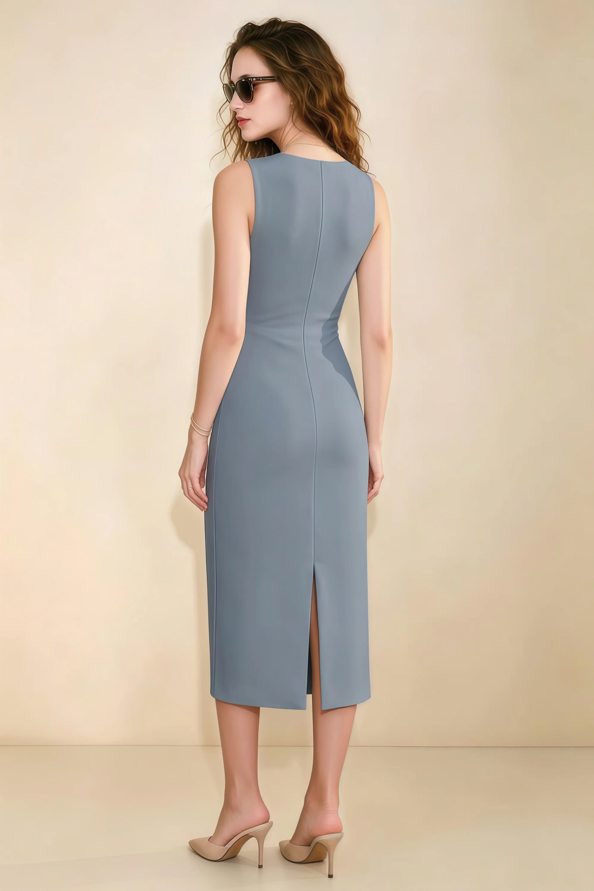 Annabel Dusty Blue Keyhole Neck Sleeveless Bodycon Midi Dress