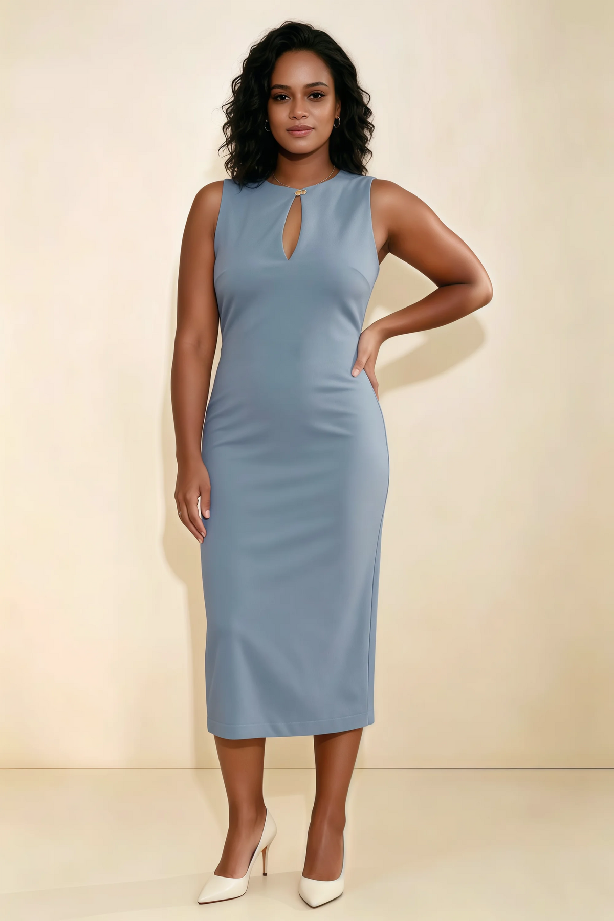 Annabel Dusty Blue Keyhole Neck Sleeveless Bodycon Midi Dress