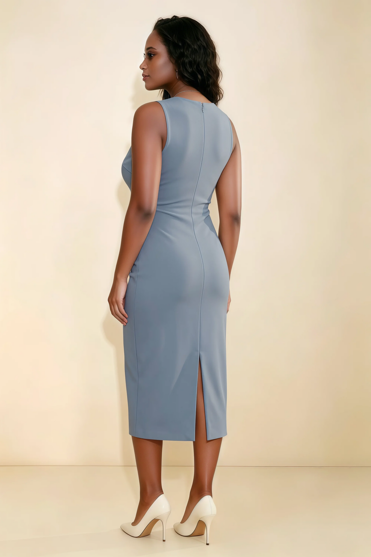 Annabel Dusty Blue Keyhole Neck Sleeveless Bodycon Midi Dress