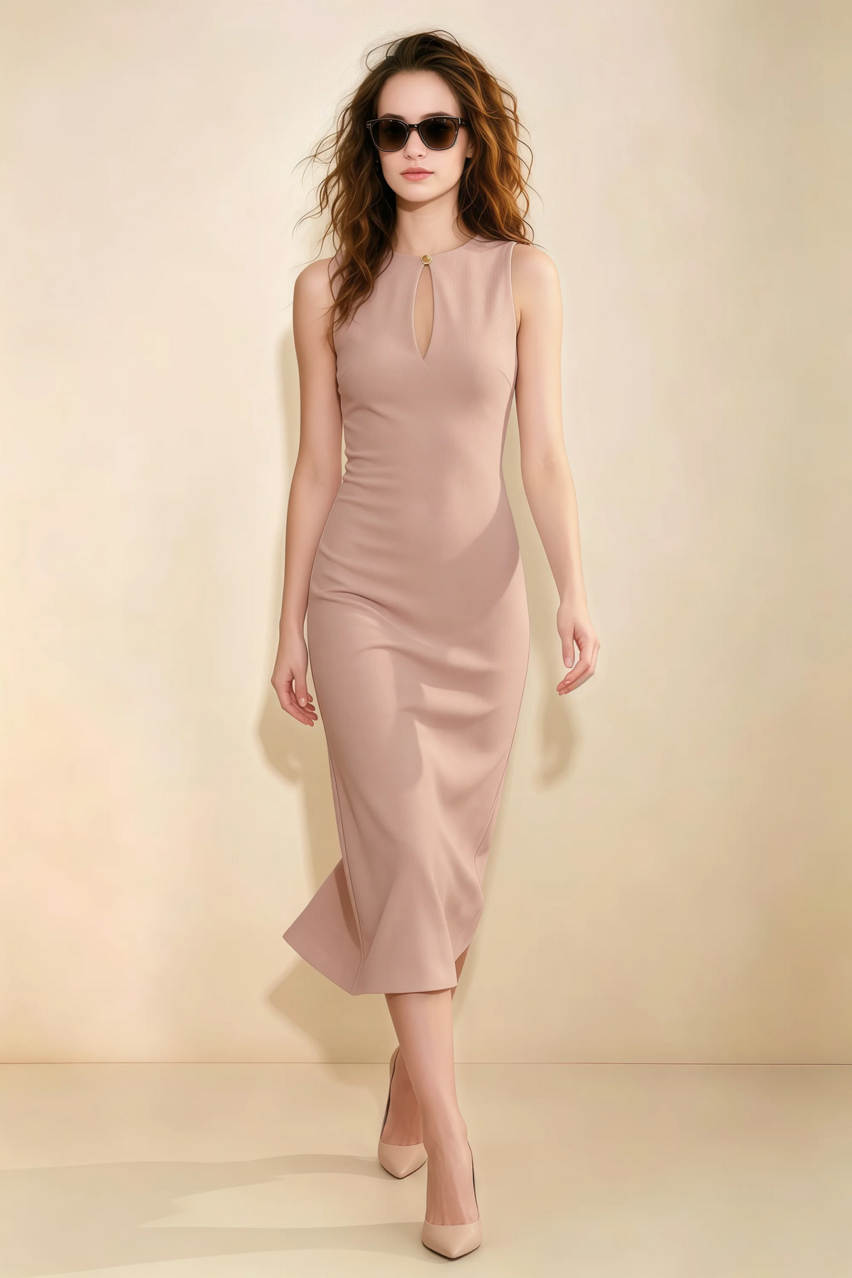 Annabel Dusty Rose Keyhole Neck Sleeveless Bodycon Midi Dress