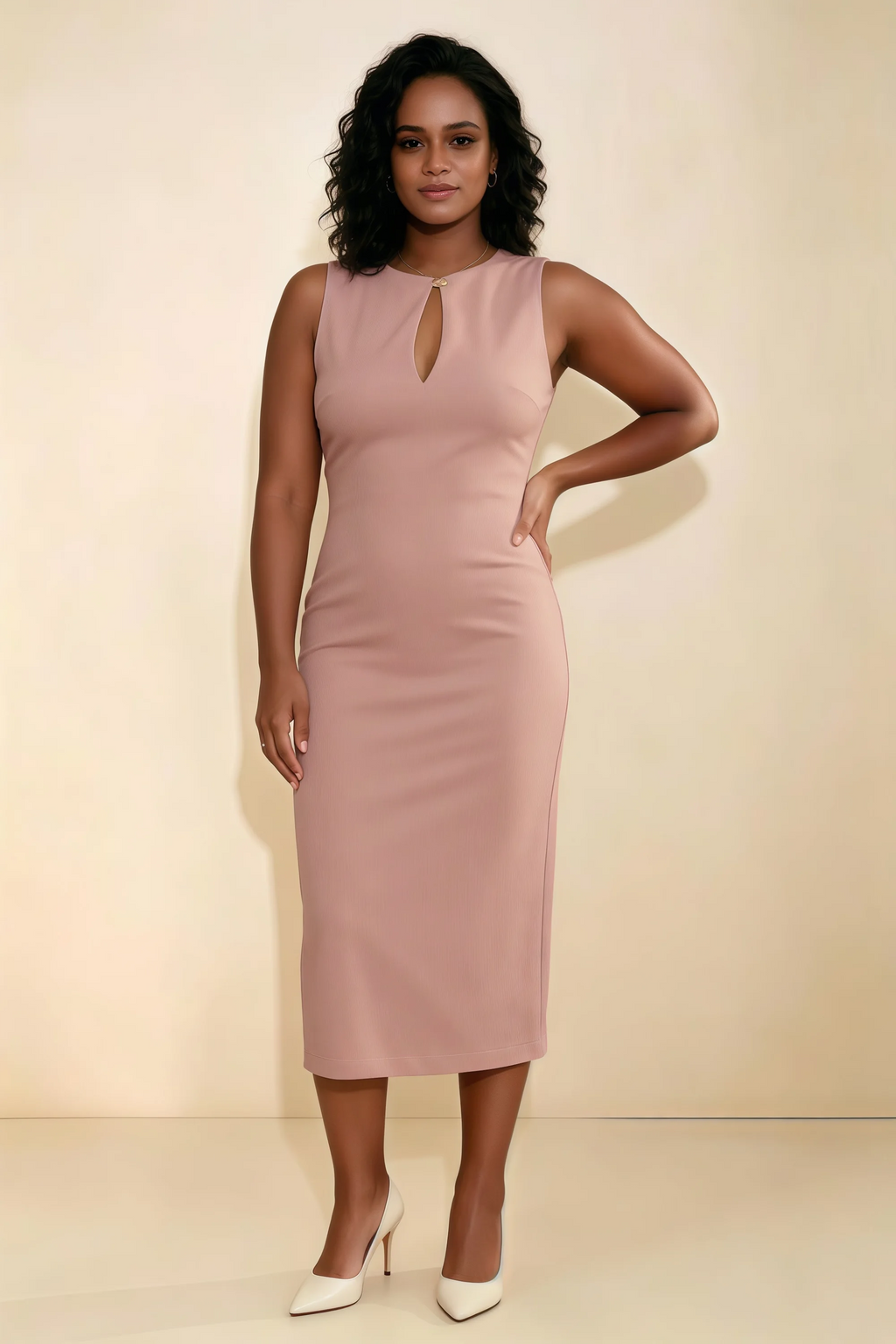 Annabel Dusty Rose Keyhole Neck Sleeveless Bodycon Midi Dress