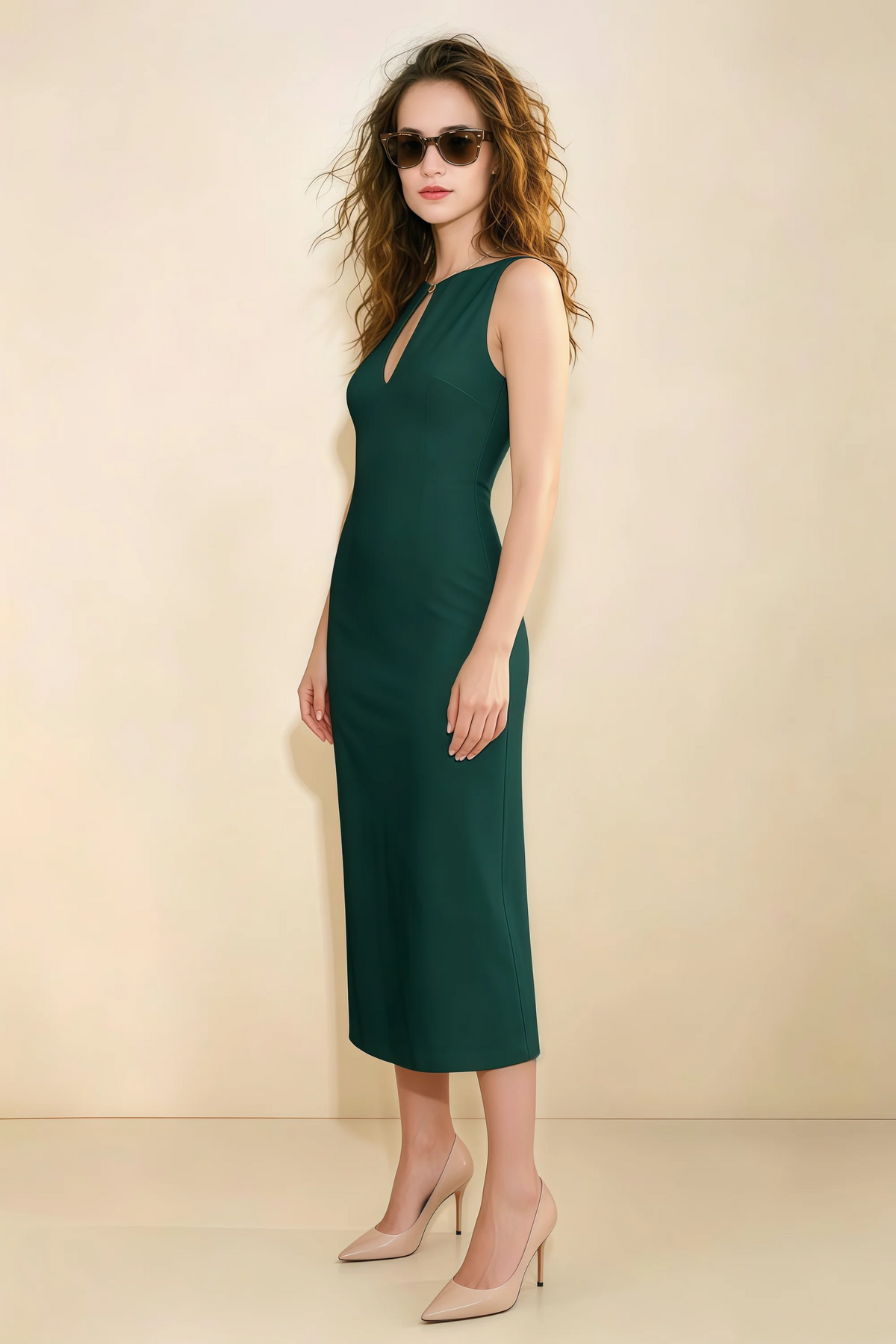 Annabel Emerald Green Keyhole Neck Sleeveless Bodycon Midi Dress