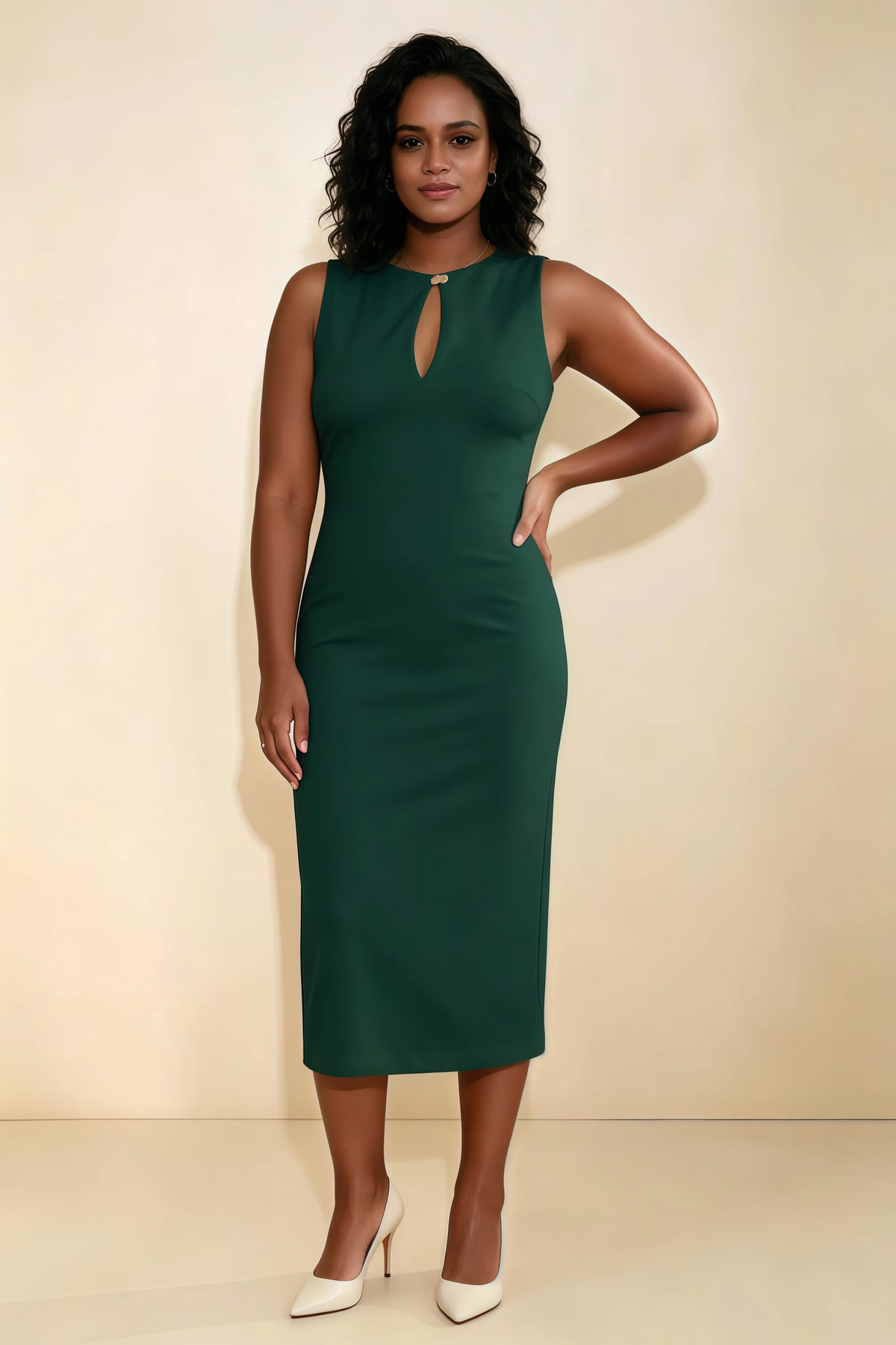Annabel Emerald Green Keyhole Neck Sleeveless Bodycon Midi Dress