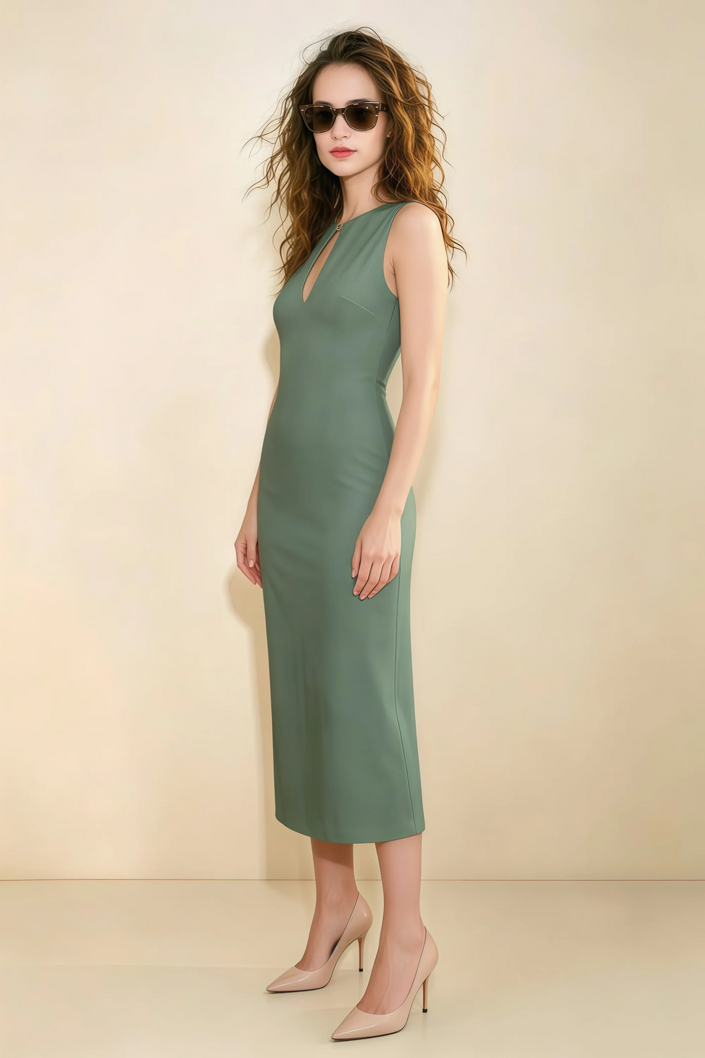 Annabel Eucalyptus Keyhole Neck Sleeveless Bodycon Midi Dress