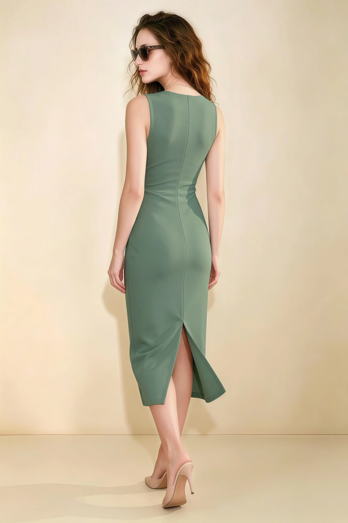 Annabel Eucalyptus Keyhole Neck Sleeveless Bodycon Midi Dress
