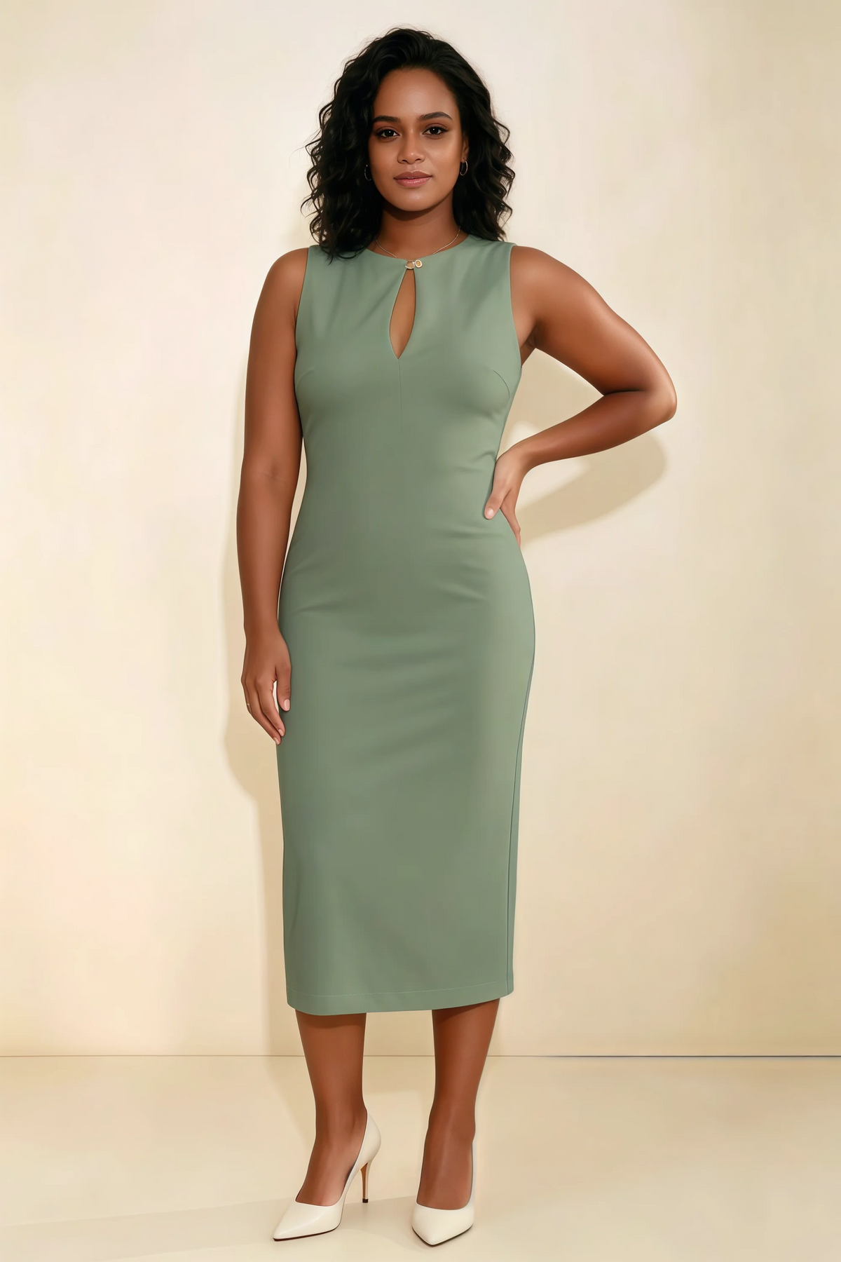 Annabel Eucalyptus Keyhole Neck Sleeveless Bodycon Midi Dress