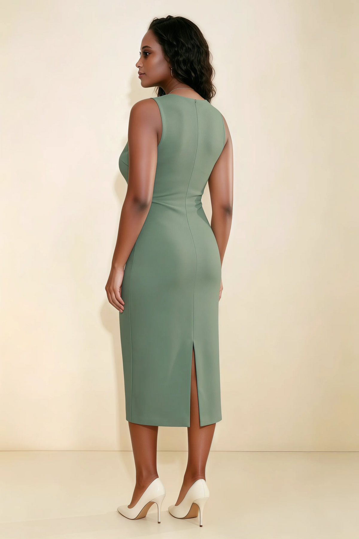Annabel Eucalyptus Keyhole Neck Sleeveless Bodycon Midi Dress