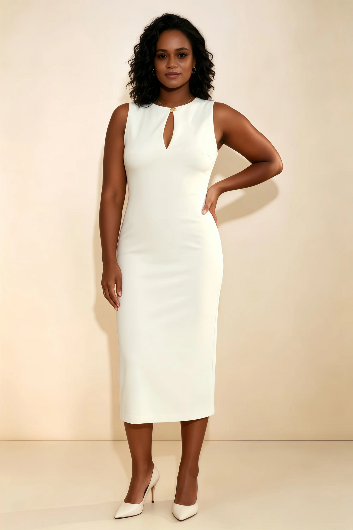 Annabel Ivory Keyhole Neck Sleeveless Bodycon Midi Dress