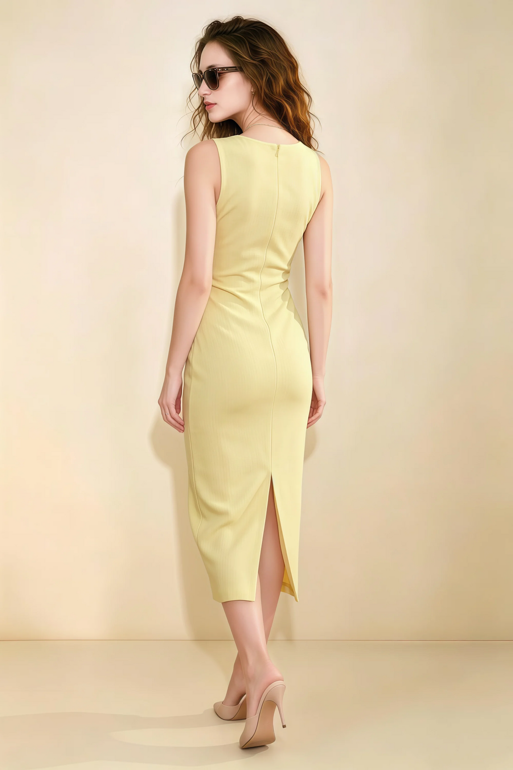 Annabel Lemon Keyhole Neck Sleeveless Bodycon Midi Dress