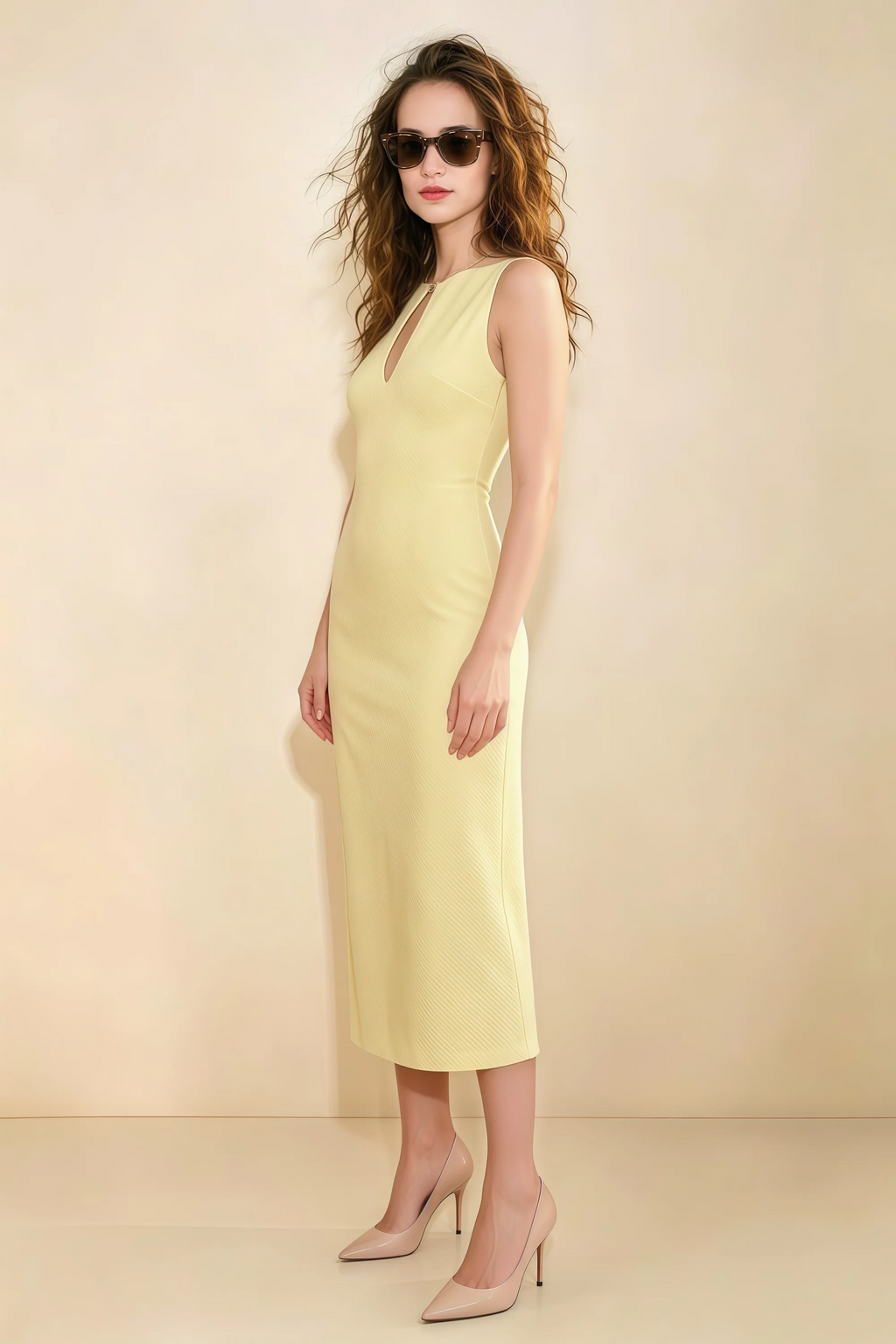 Annabel Lemon Keyhole Neck Sleeveless Bodycon Midi Dress
