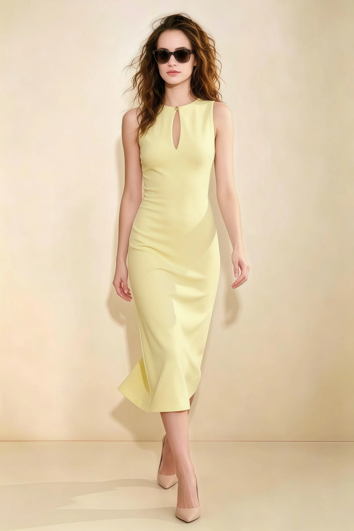 Annabel Lemon Keyhole Neck Sleeveless Bodycon Midi Dress