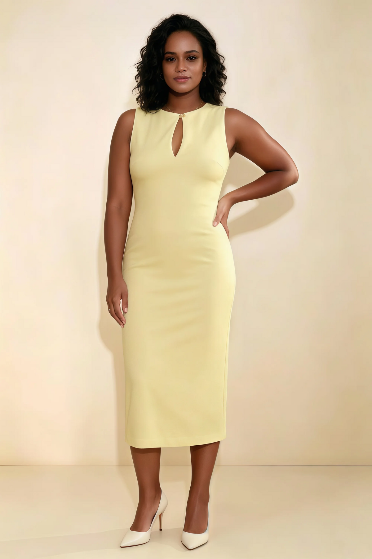 Annabel Lemon Keyhole Neck Sleeveless Bodycon Midi Dress