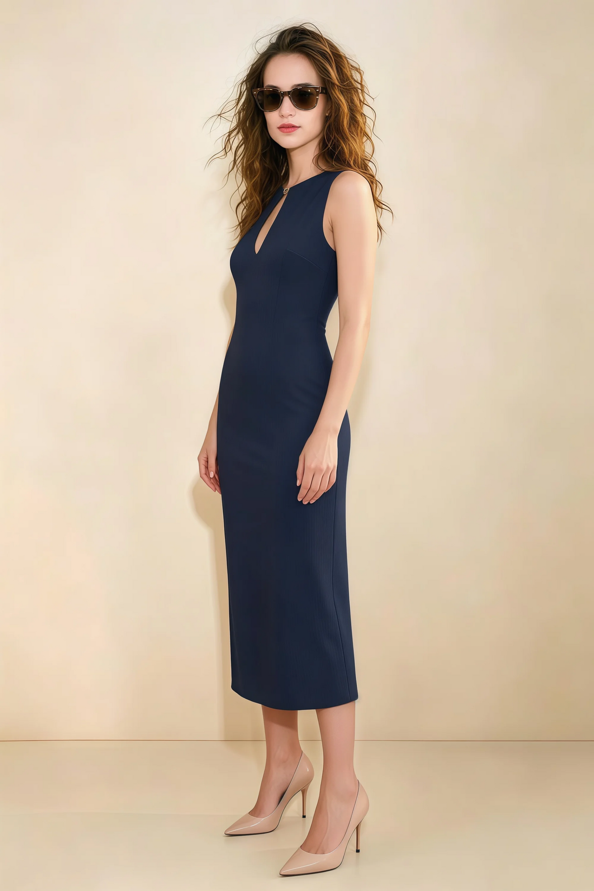 Annabel Navy Keyhole Neck Sleeveless Bodycon Midi Dress