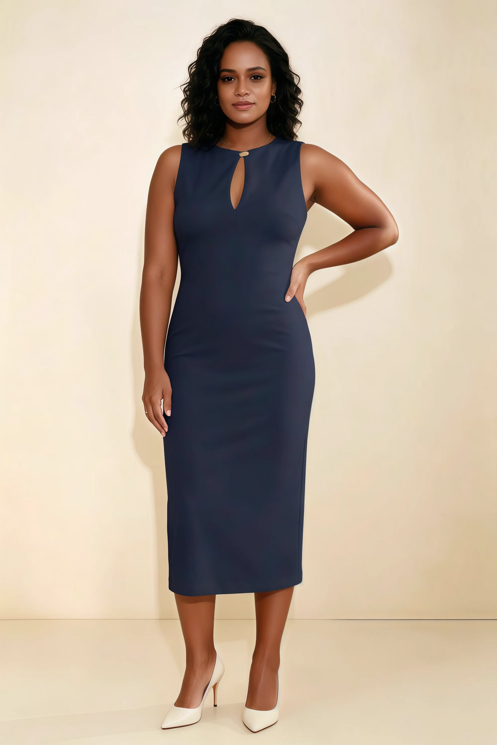 Annabel Navy Keyhole Neck Sleeveless Bodycon Midi Dress