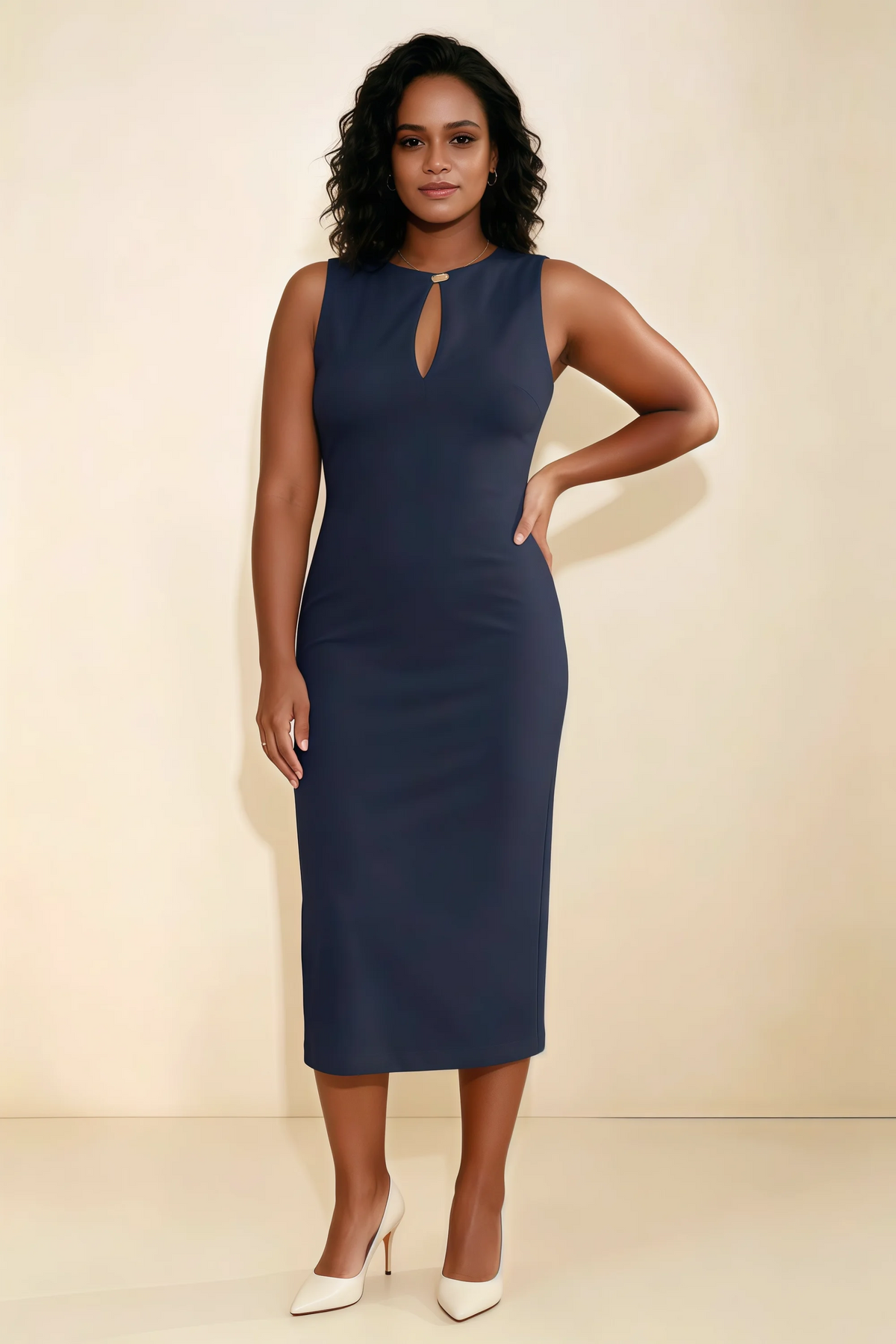 Annabel Navy Keyhole Neck Sleeveless Bodycon Midi Dress
