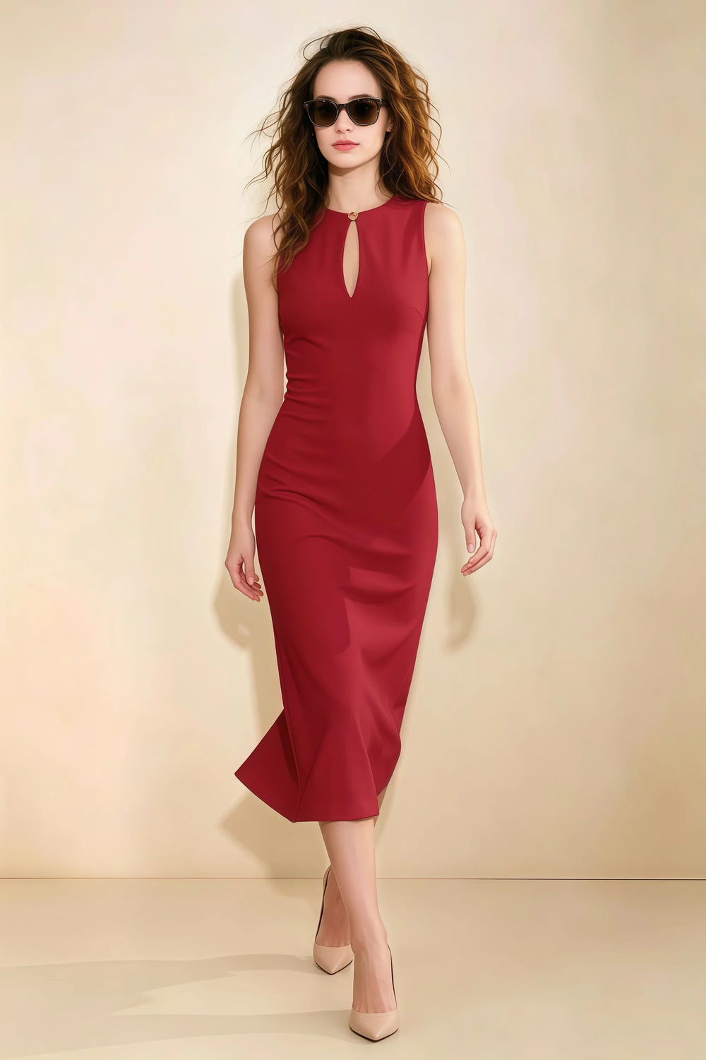 Translation missing: en.Front view of the LVLVS Annabel red midi dress with a keyhole neckline, sleeveless bodice and fitted silhouette. content.product_image_main