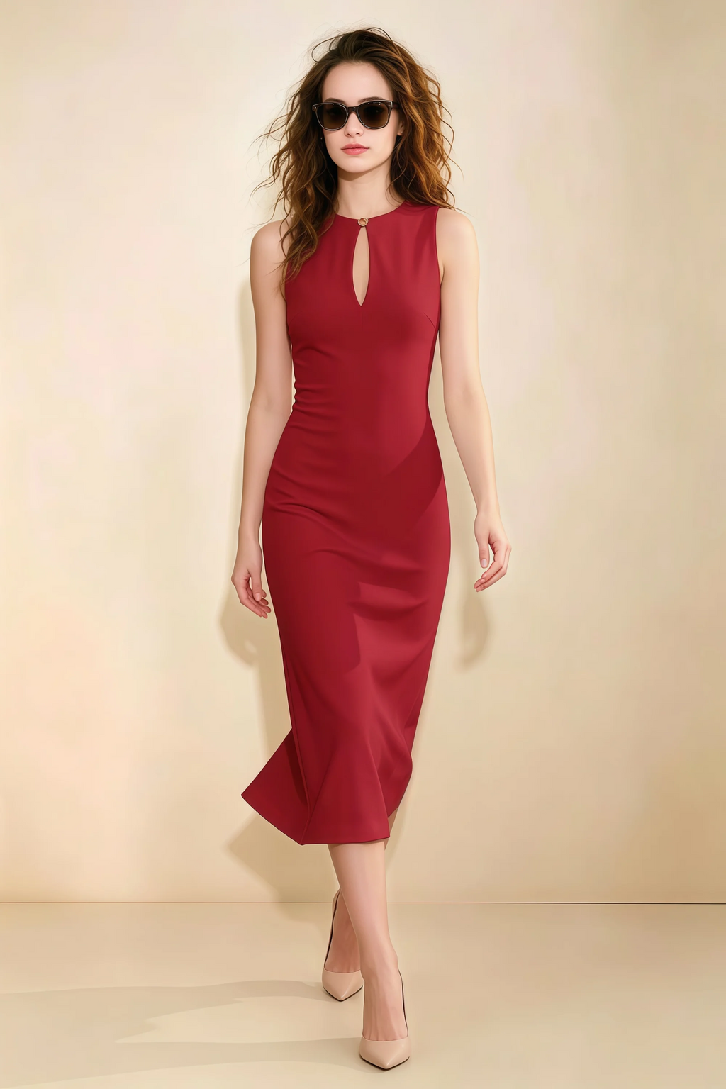 Annabel Red Keyhole Neck Sleeveless Bodycon Midi Dress