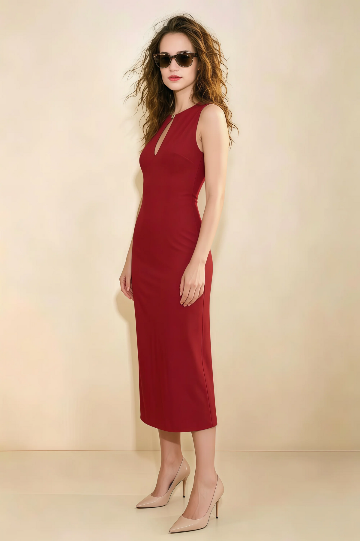 Annabel Red Keyhole Neck Sleeveless Bodycon Midi Dress