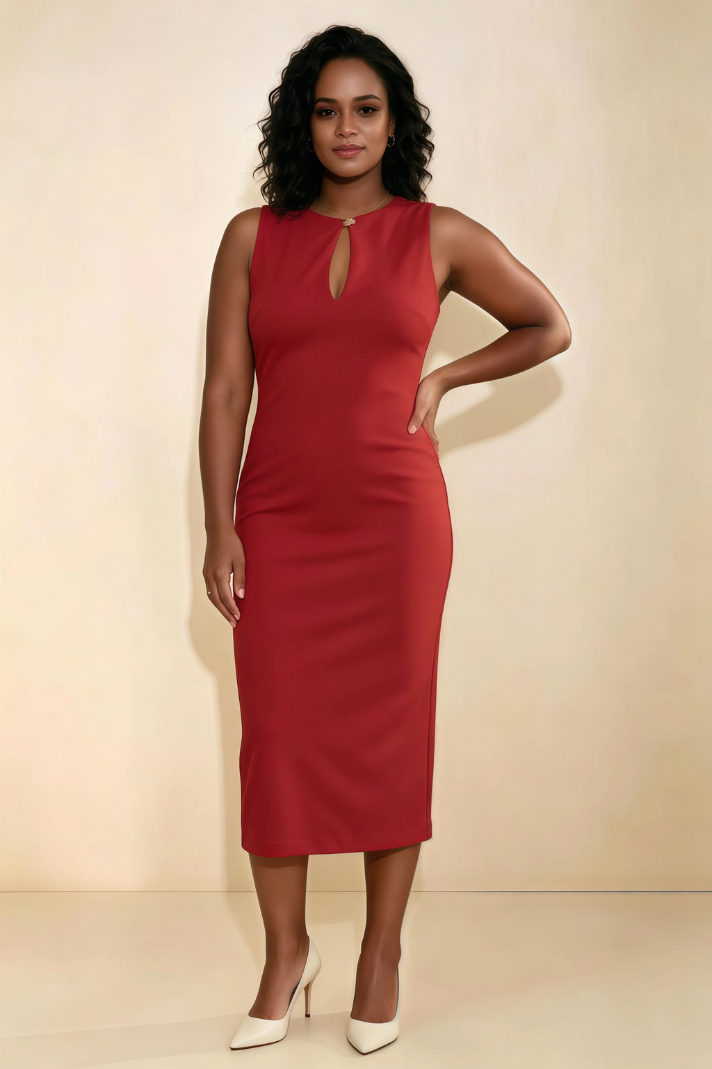 Annabel Red Keyhole Neck Sleeveless Bodycon Midi Dress