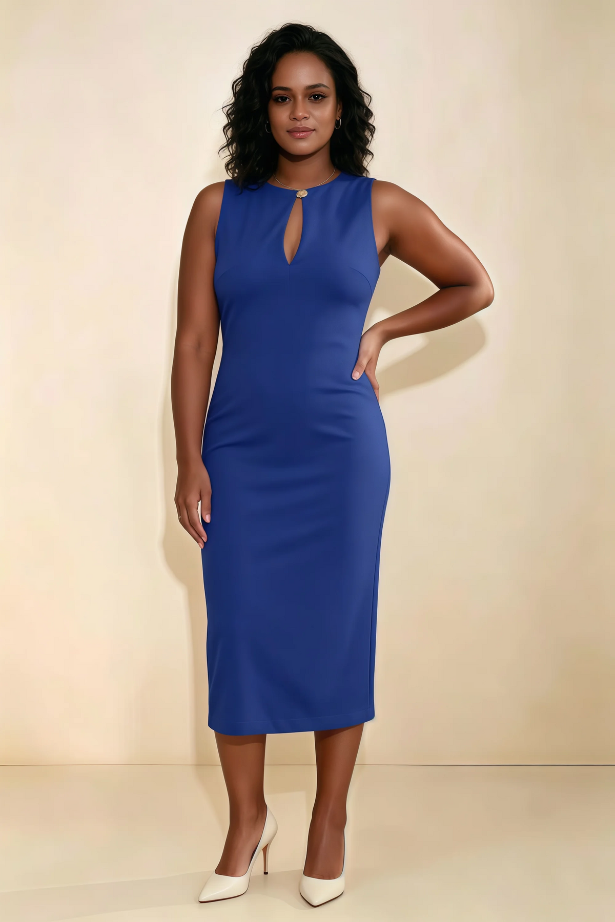 Annabel Royal Blue Keyhole Neck Sleeveless Bodycon Midi Dress