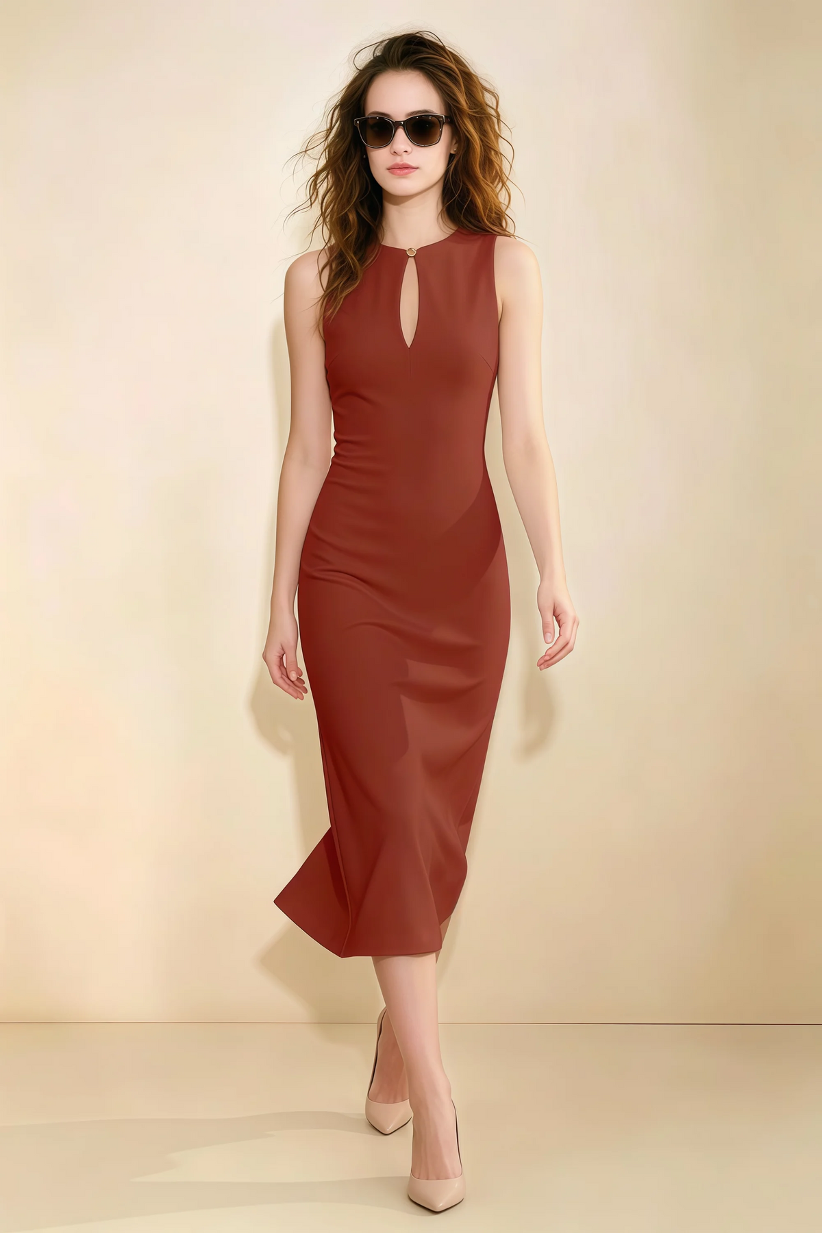 Annabel Rust Keyhole Neck Sleeveless Bodycon Midi Dress