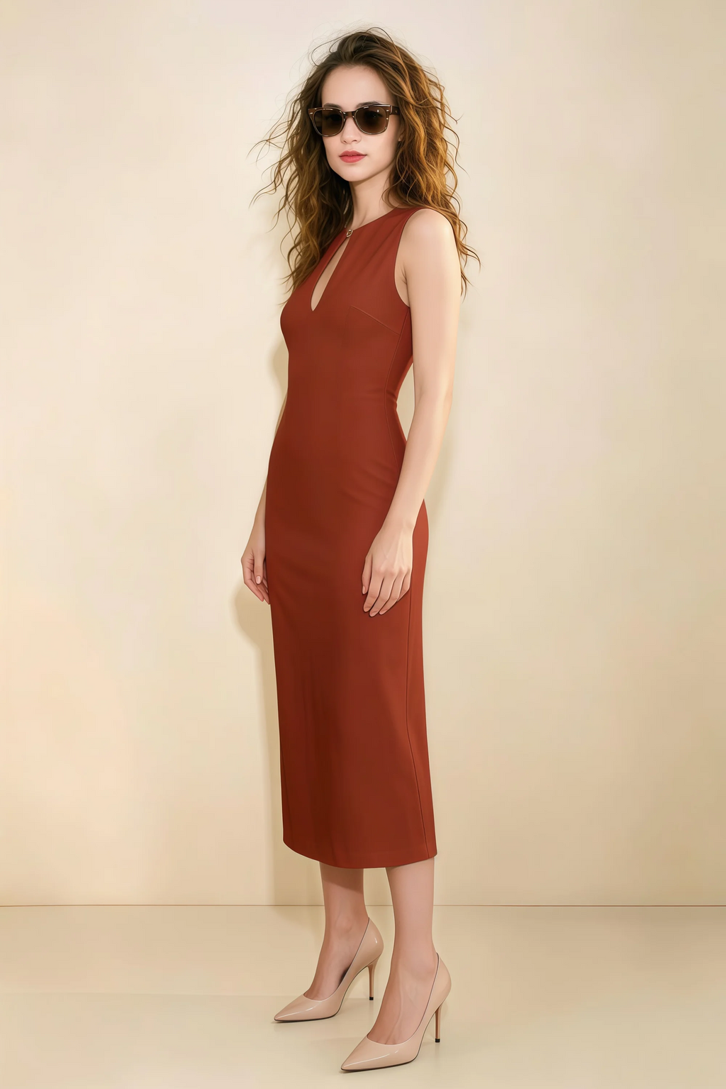 Annabel Rust Keyhole Neck Sleeveless Bodycon Midi Dress