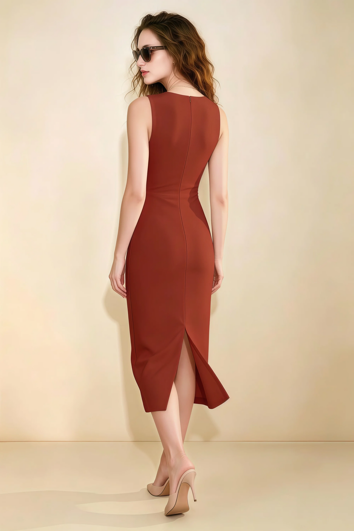 Annabel Rust Keyhole Neck Sleeveless Bodycon Midi Dress