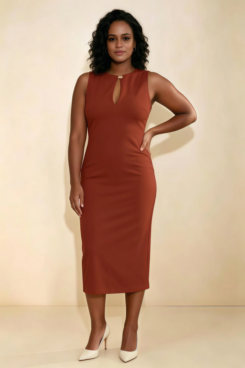 Annabel Rust Keyhole Neck Sleeveless Bodycon Midi Dress