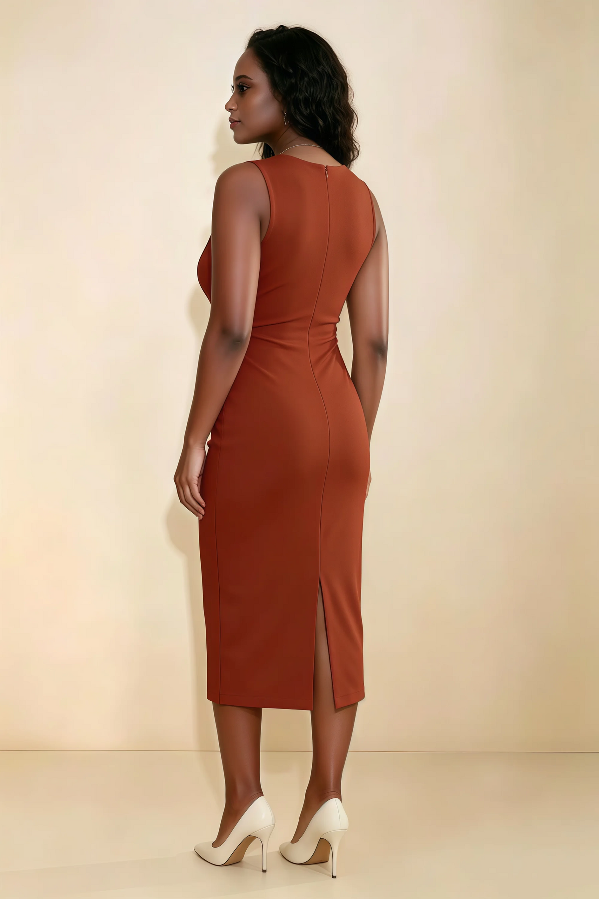 Annabel Rust Keyhole Neck Sleeveless Bodycon Midi Dress