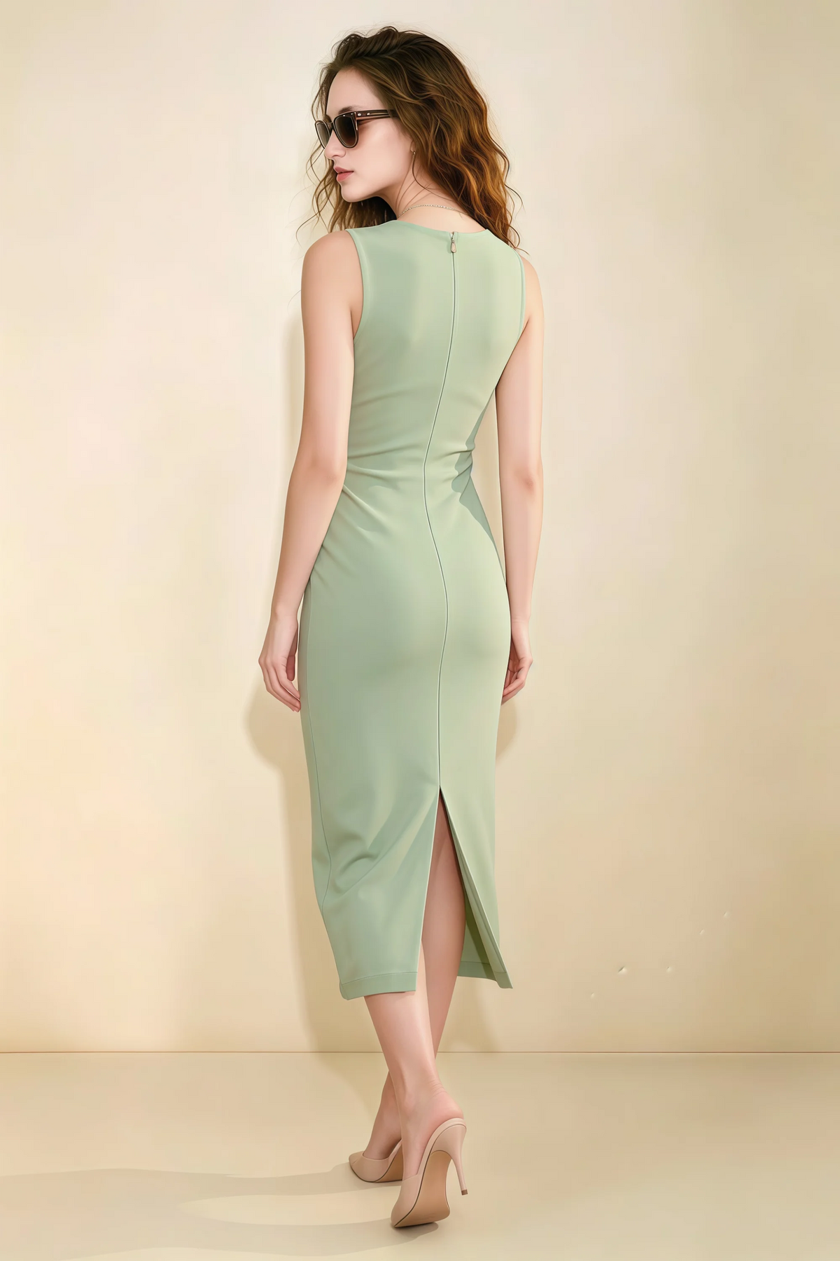 Annabel Sage Green Keyhole Neck Sleeveless Bodycon Midi Dress