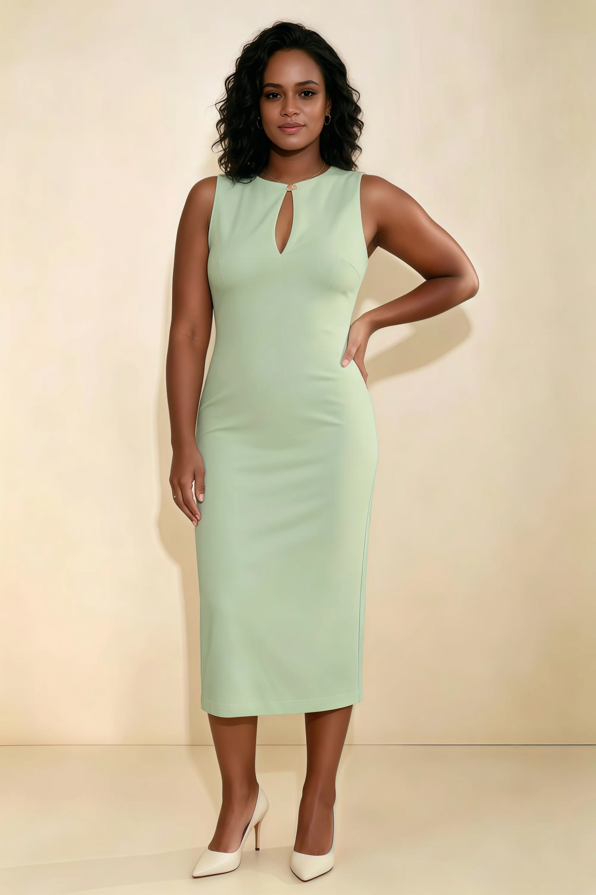 Annabel Sage Green Keyhole Neck Sleeveless Bodycon Midi Dress