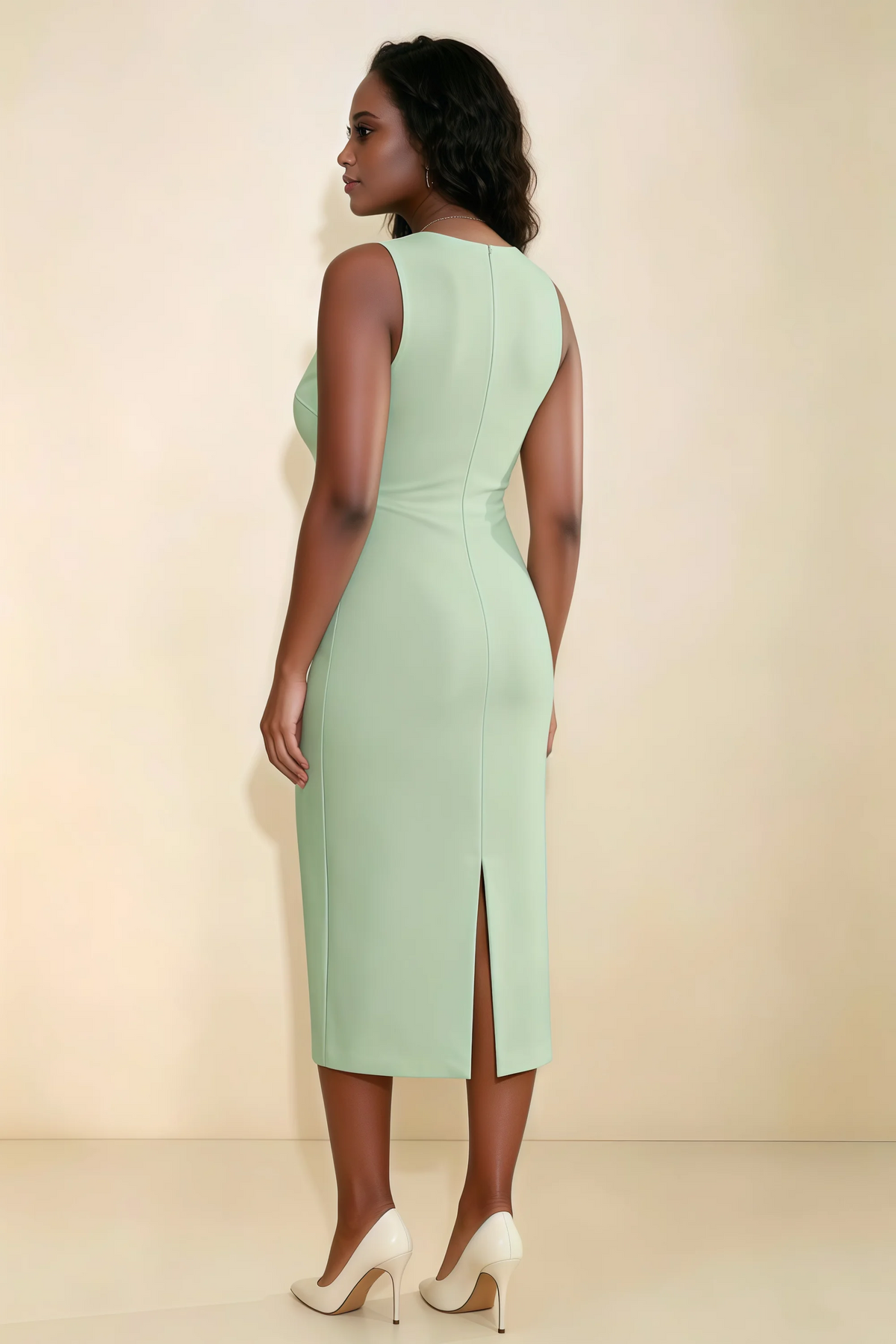 Annabel Sage Green Keyhole Neck Sleeveless Bodycon Midi Dress