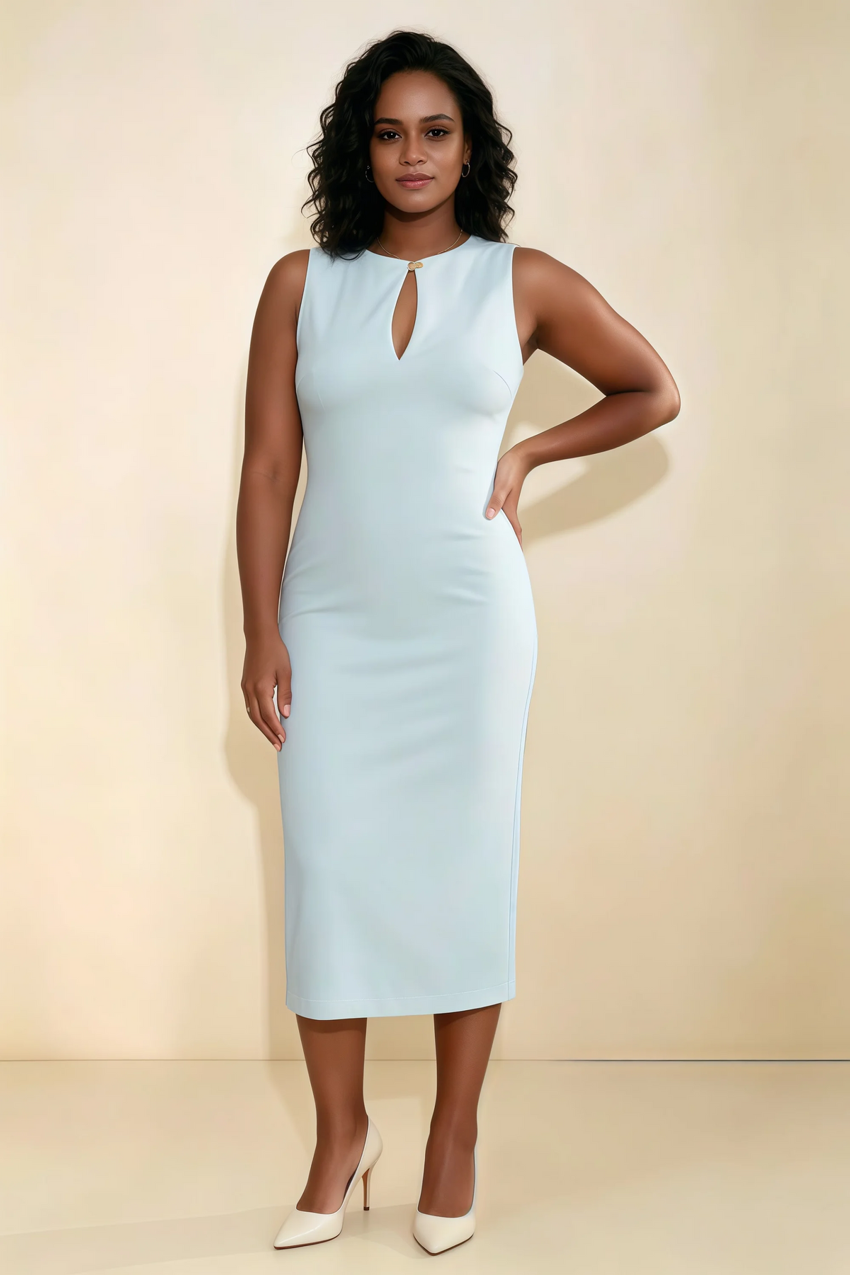 Annabel Sky Blue Keyhole Neck Sleeveless Bodycon Midi Dress