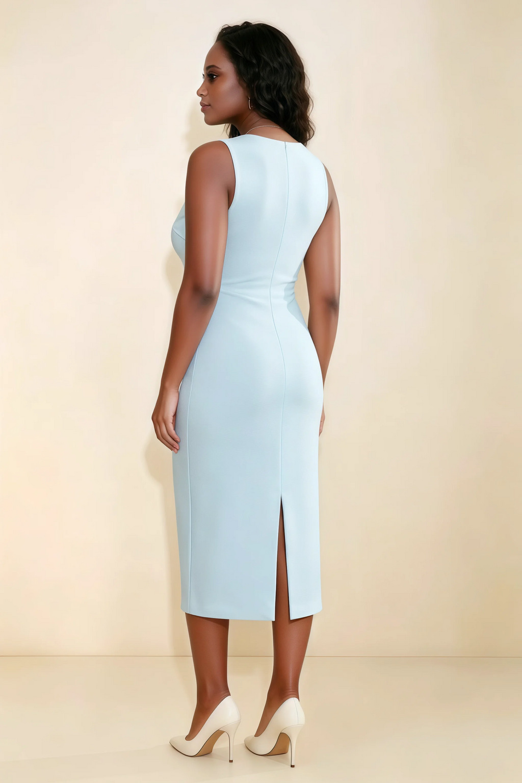 Annabel Sky Blue Keyhole Neck Sleeveless Bodycon Midi Dress