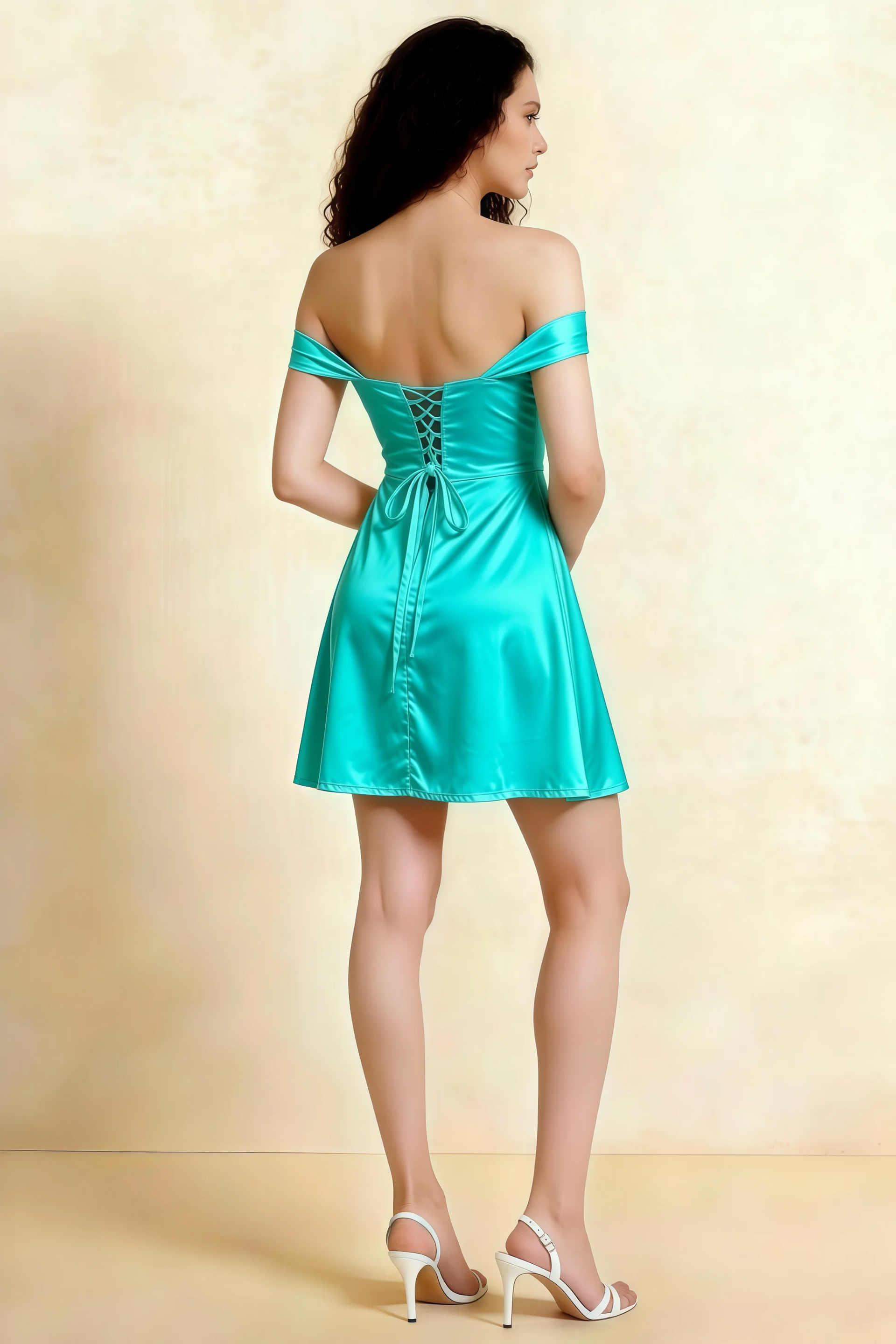 Anne Aqua Satin Off the Shoulder Corset Mini Dress